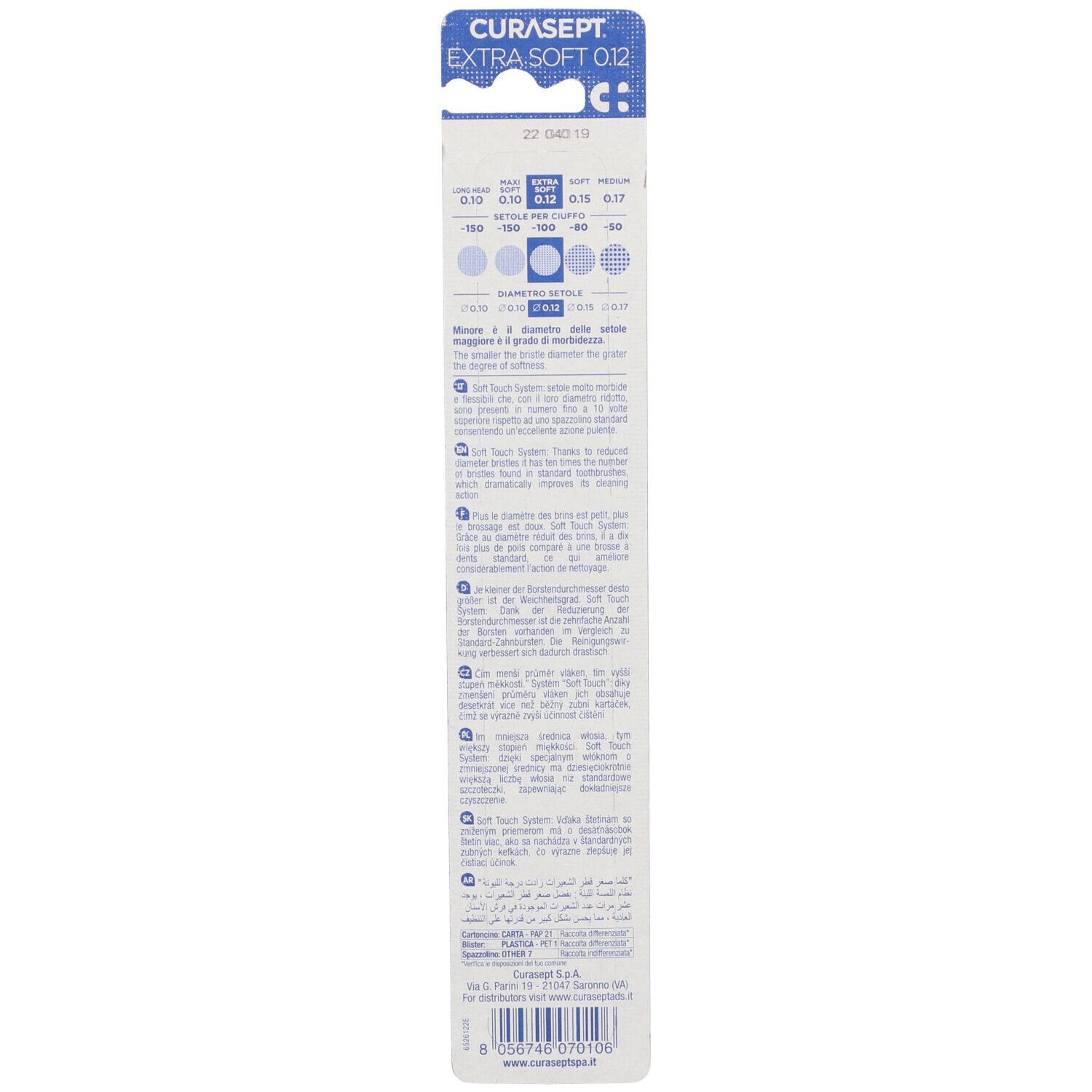 Retro della confezione. Testo multilingue. In alto: CURASEPT EXTRA SOFT 0.12. Diagramma delle durezze delle setole.