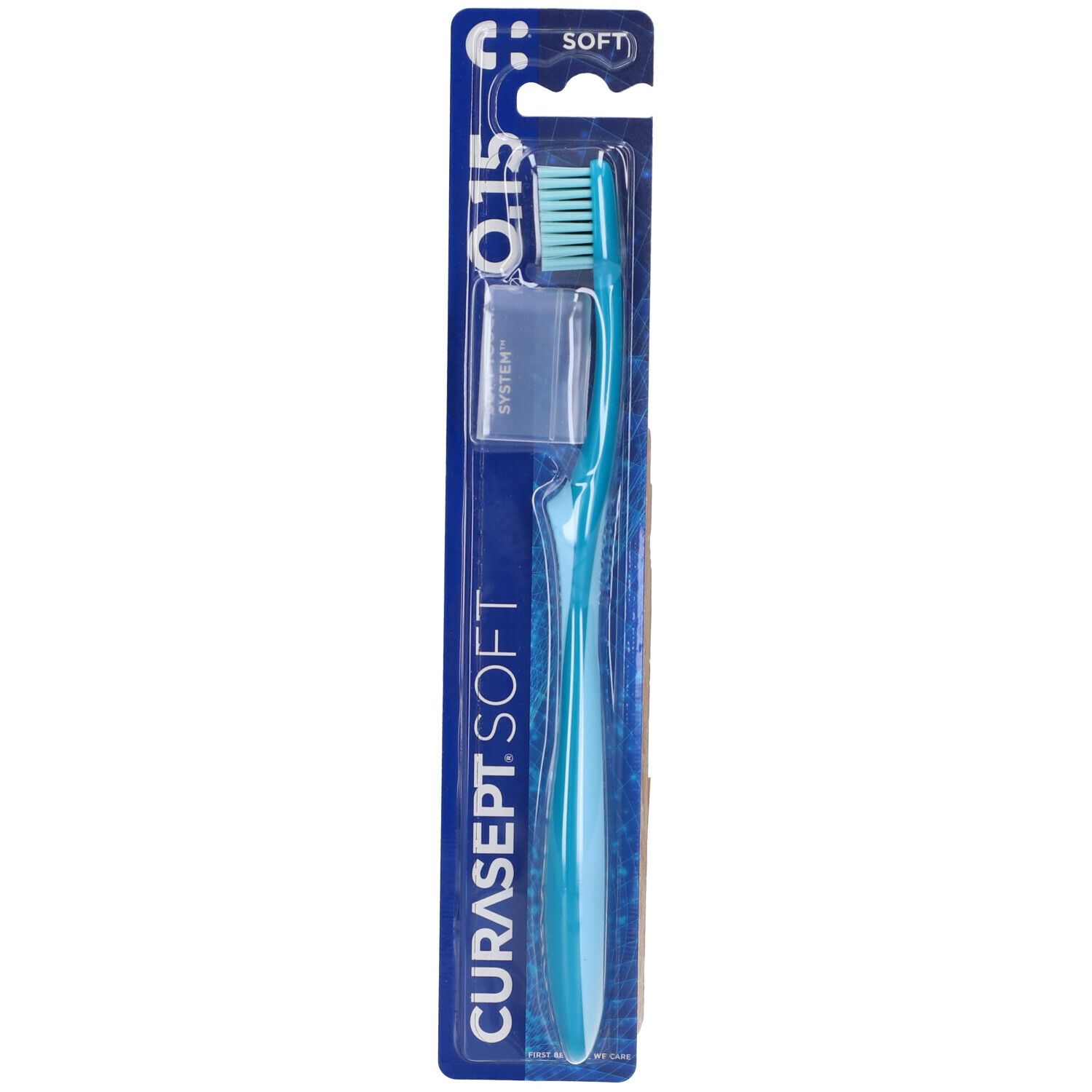 Spazzolino Curasept Soft 0.15, blu, con protezione, in confezione. Scritta: Curasept Soft.