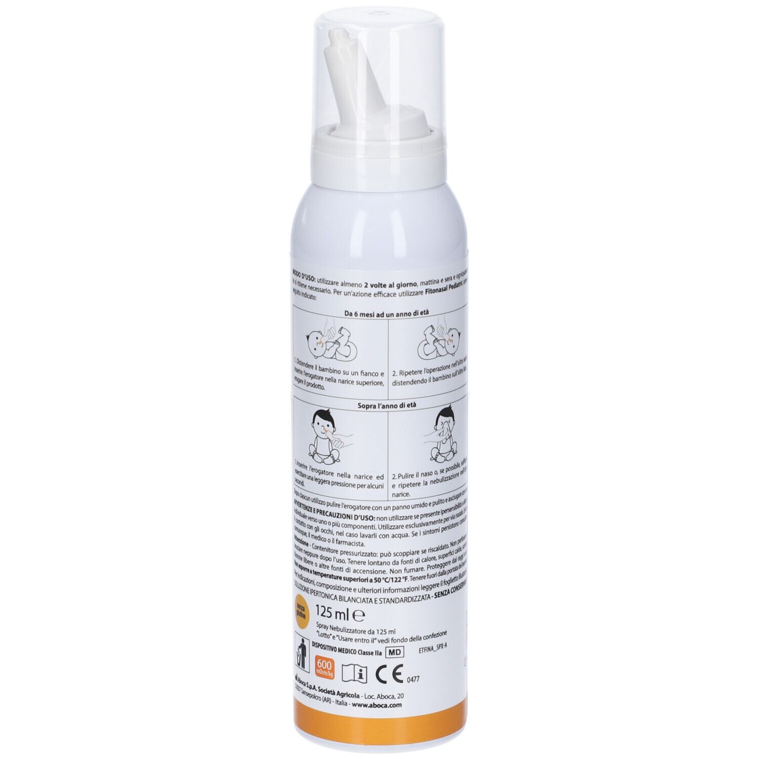 Weißes Spray, Rückansicht. Text und Illustrationen. 125 ml. Aboca-Logo. Orangefarbener Streifen.