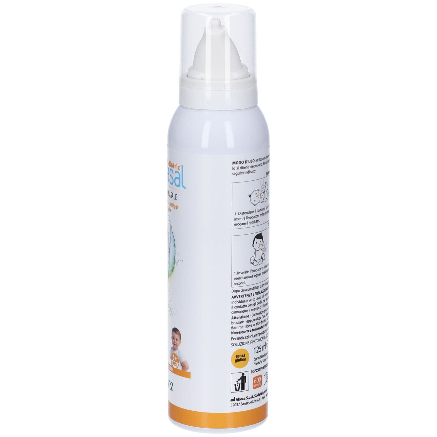 Weißes Spray, Seitenansicht. Text und Illustrationen. Aboca-Logo. Orangefarbener Streifen am Boden.