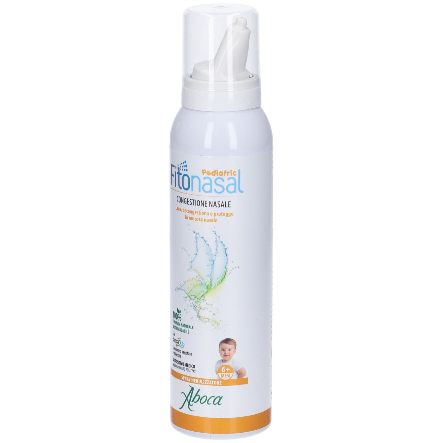 Weißes Spray mit Sprühkopf. Aufschrift: Fitonasal Pediatric. Aboca-Logo. Baby-Illustration.