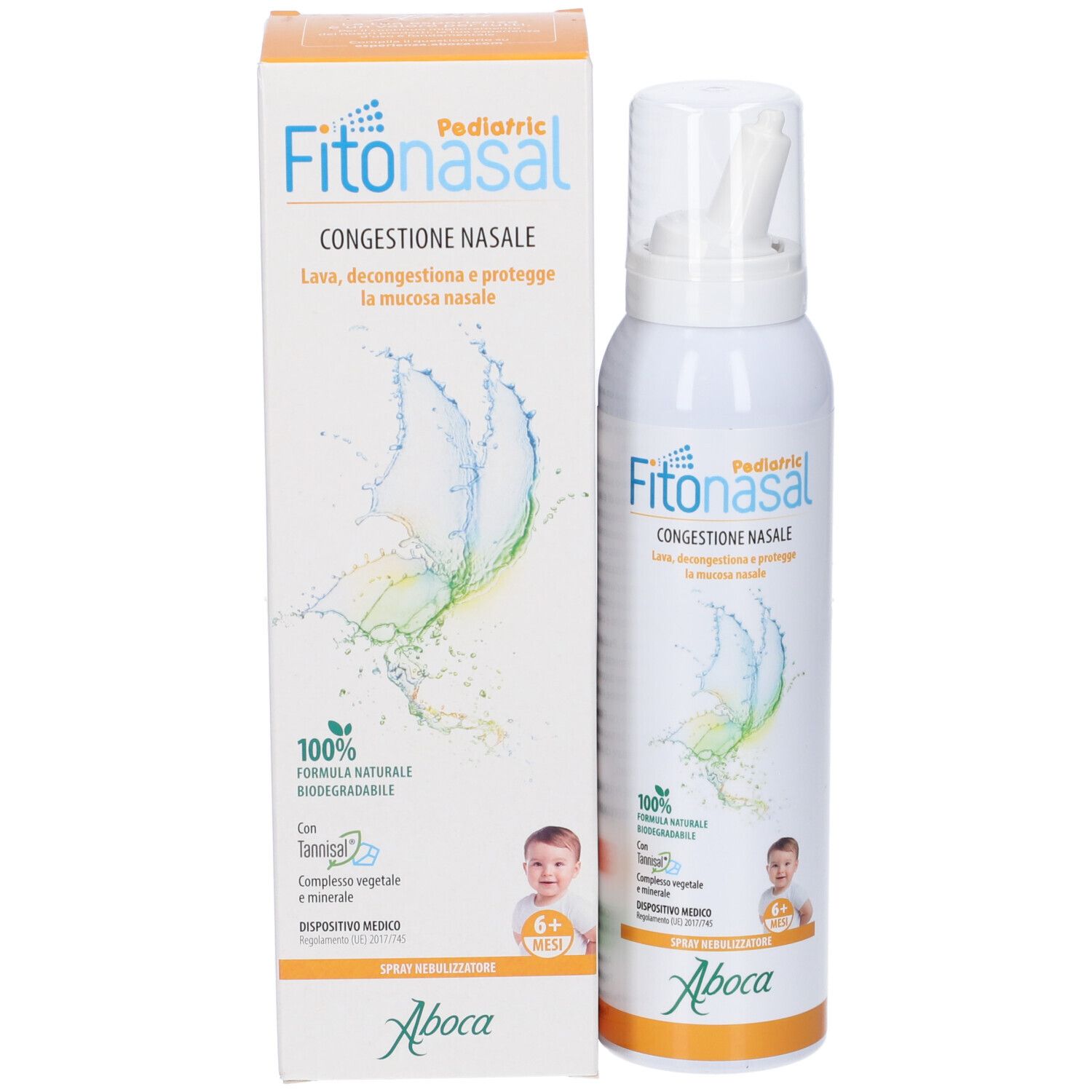 Spray und Verpackung. Aufschrift: Fitonasal Pediatric. Aboca-Logo. Baby-Illustration. 6+ Monate.