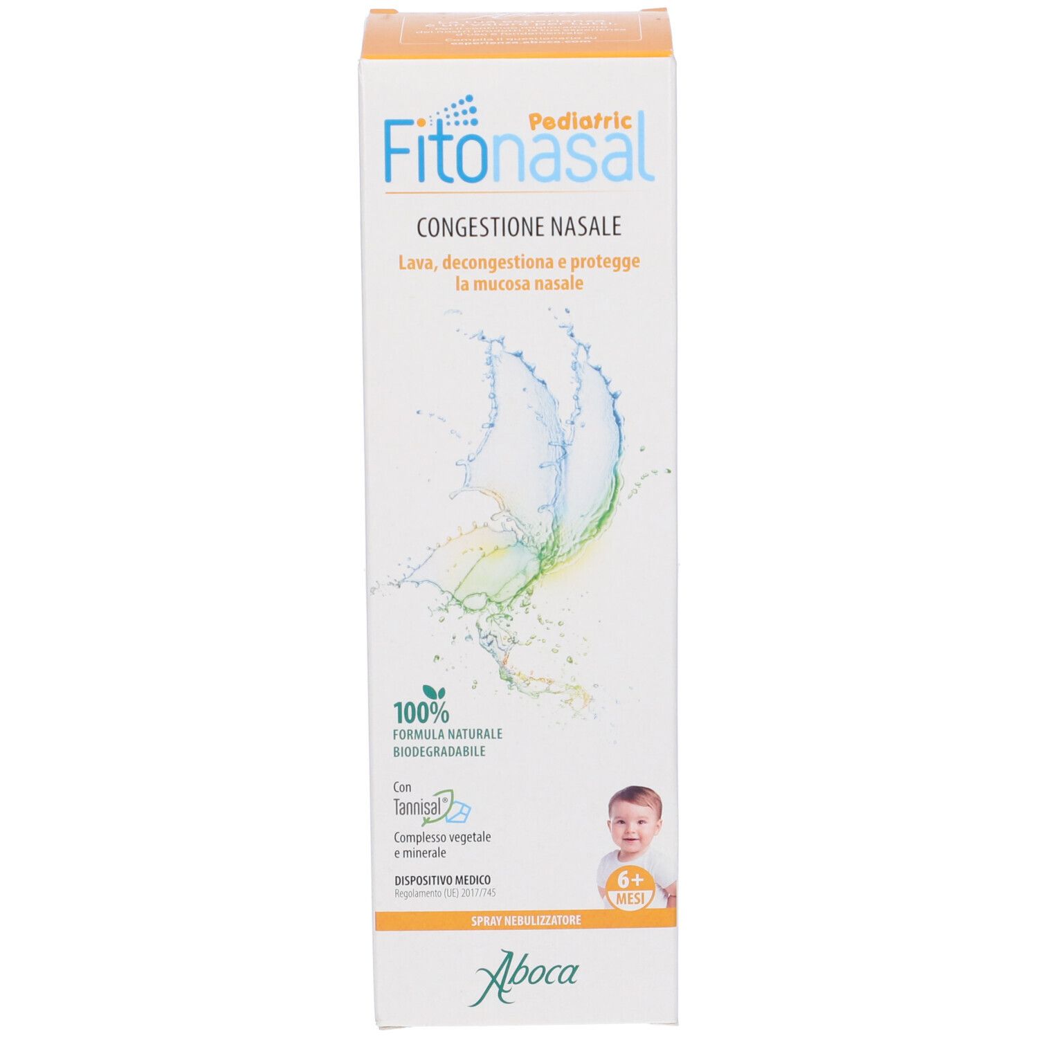 Verpackung. Aufschrift: Fitonasal Pediatric. Aboca-Logo. Baby-Illustration. 6+ Monate.