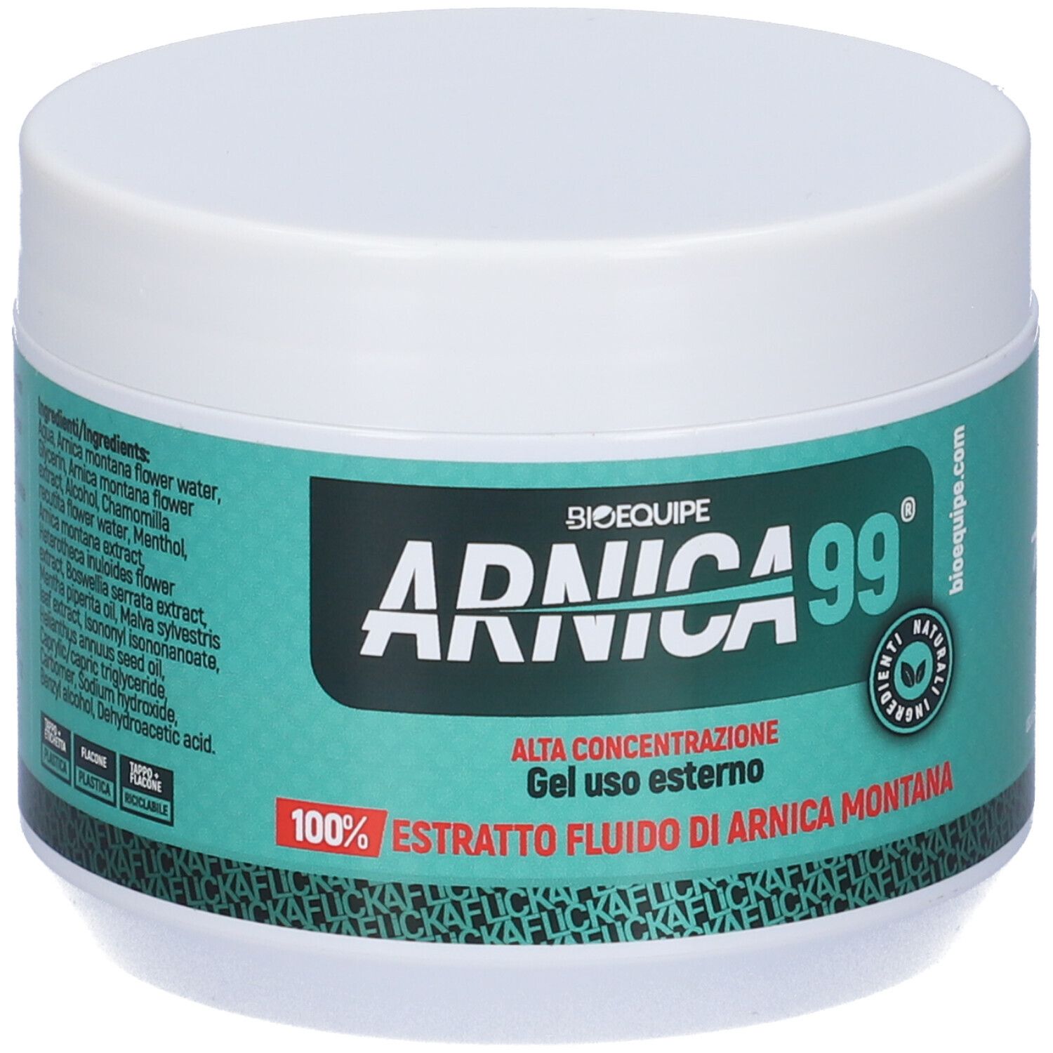 Weißer Tiegel mit grünem Etikett. Aufschrift: Arnica 99, Alta Concentrazione, Gel uso esterno, 100% Estratto fluido.