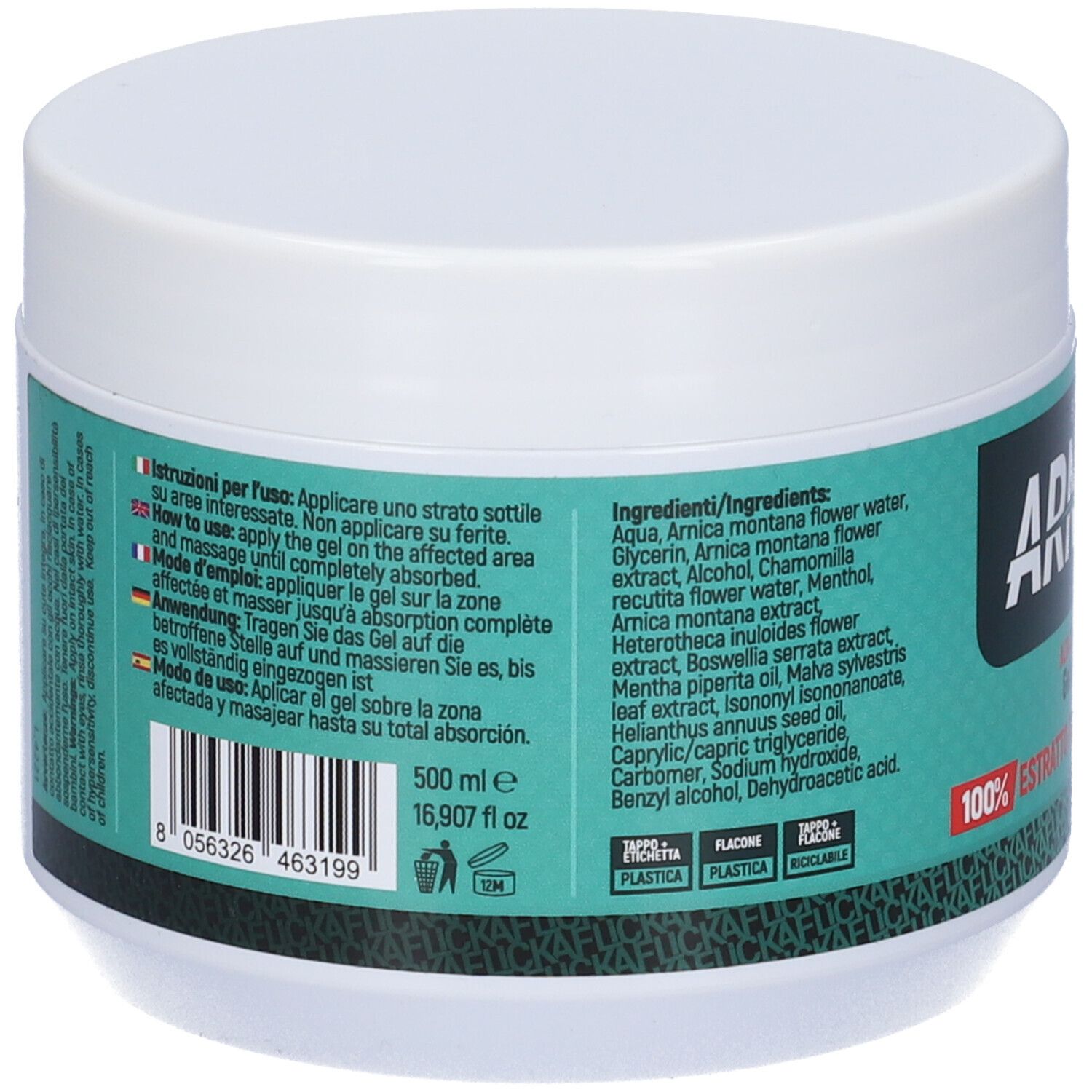 Rückseite des weißen Tiegels mit grünem Etikett. Text: Inhaltsstoffe, Gebrauchsanweisung, 500 ml, 16,907 fl oz.