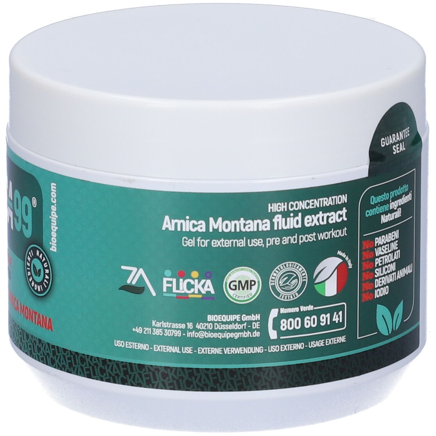 Weißer Tiegel mit grünem Etikett. Aufschrift: Arnica Montana fluid extract, Gel für externe Anwendung. Zertifizierungen.