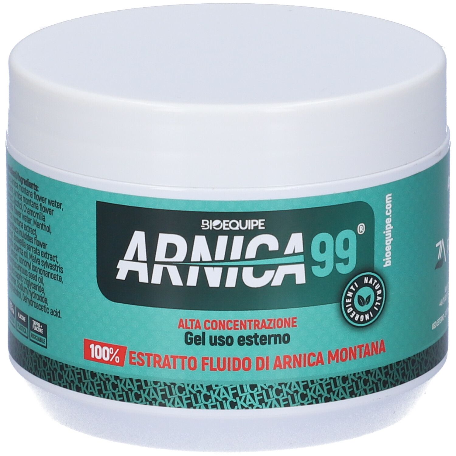 Weißer Tiegel mit grünem Etikett. Aufschrift: Arnica 99, Alta Concentrazione, 100% Estratto fluido di Arnica Montana.