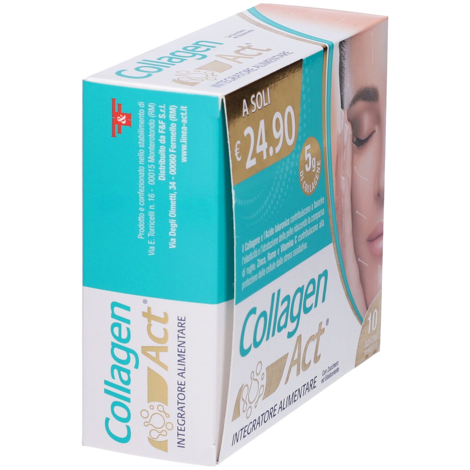 Scatola COLLAGENAct, vista laterale obliqua. Nome del prodotto e informazioni sulla confezione.