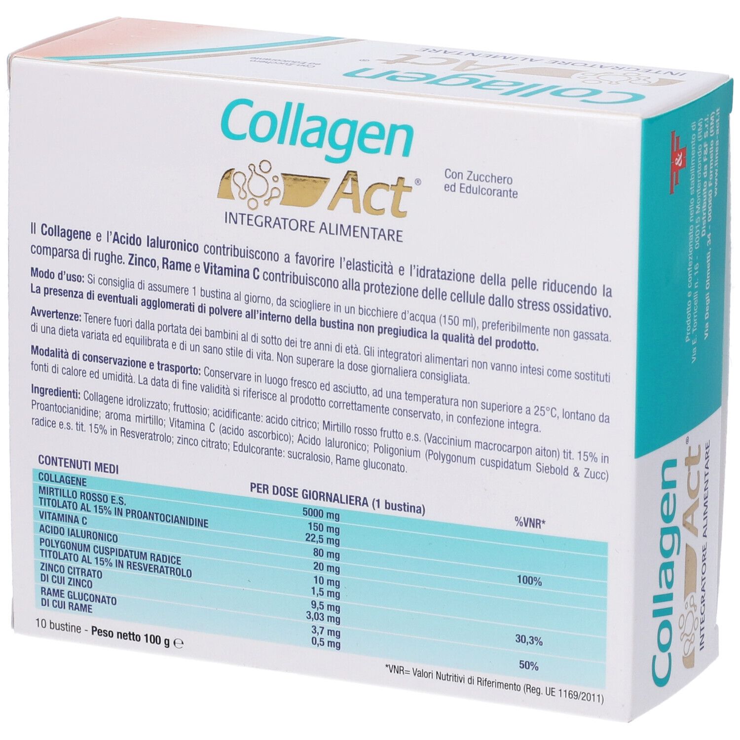 Retro della confezione COLLAGENAct. Testo con informazioni sul prodotto e tabella nutrizionale.
