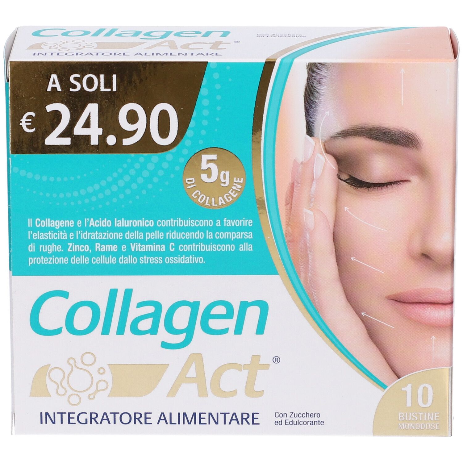 Scatola COLLAGENAct. Stampa con informazioni sul prodotto e immagine di un viso femminile.