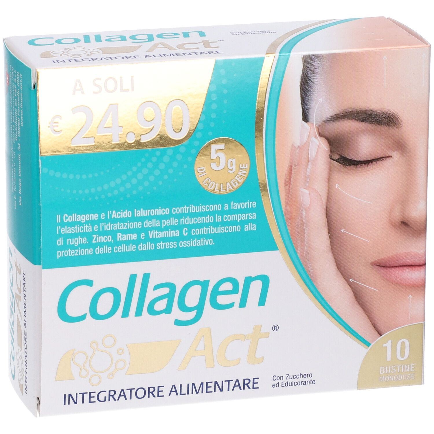 Scatola COLLAGENAct. Stampa con informazioni sul prodotto e immagine di un viso femminile.