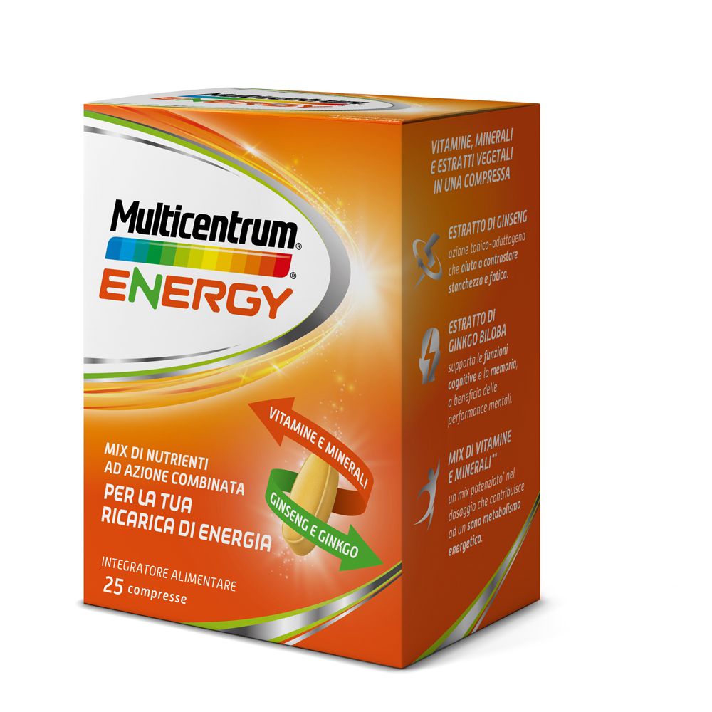 Scatola arancione "Multicentrum ENERGY". Contiene 25 compresse. Testo: "Integratore alimentare". Vitamine e minerali.