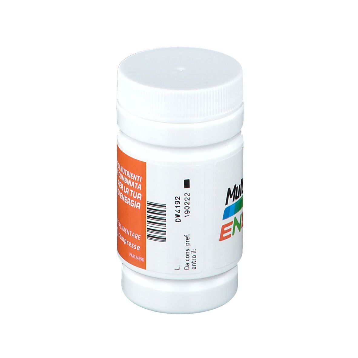 Flacone bianco con logo "Multicentrum ENERGY". Contiene 60 compresse. Testo: "Integratore alimentare".