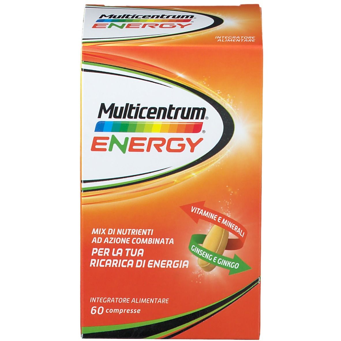 Scatola arancione "Multicentrum ENERGY". Contiene 60 compresse. Testo: "Integratore alimentare".