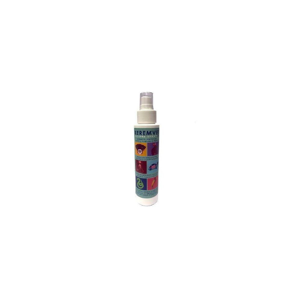 Flacone spray con testa bianca e corpo cilindrico. Scritta "XEREMVET". Illustrazioni multicolori sull'etichetta.