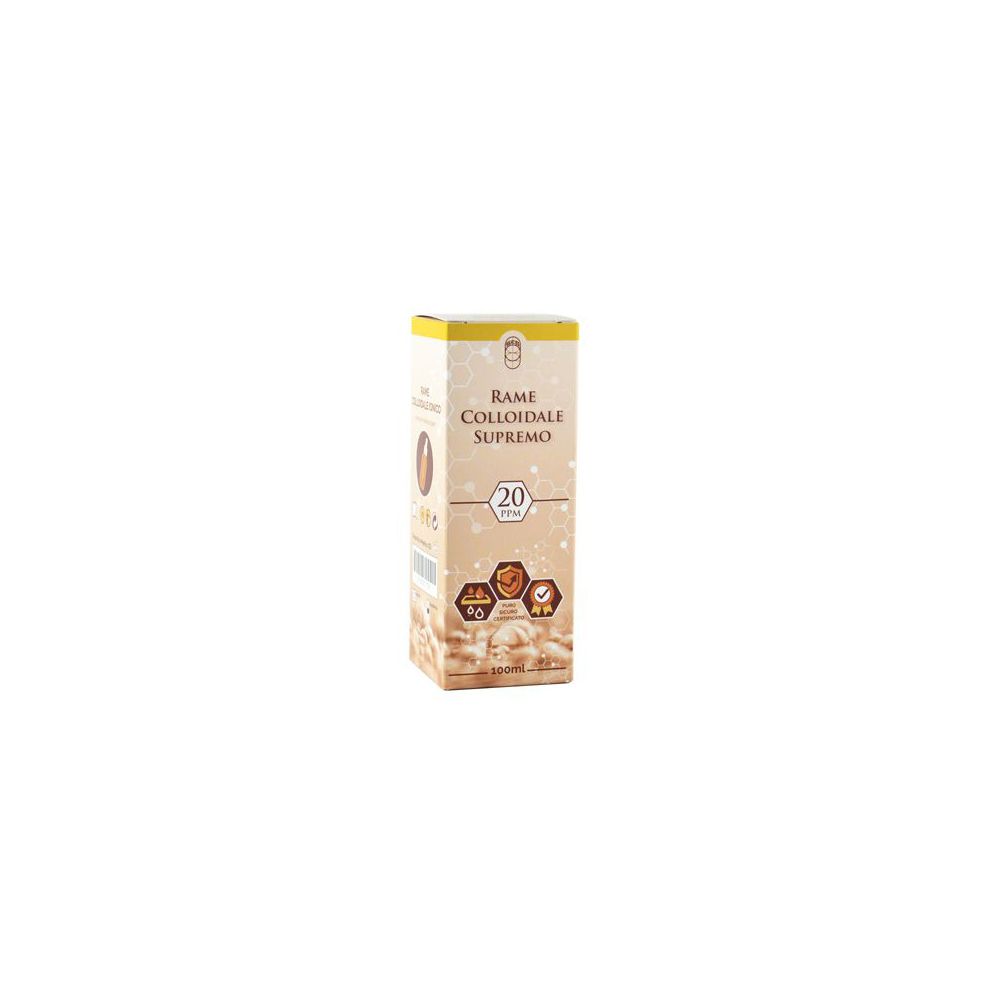 Scatola con testo del prodotto. Testo: Rame Colloidale Supremo 20Ppm.