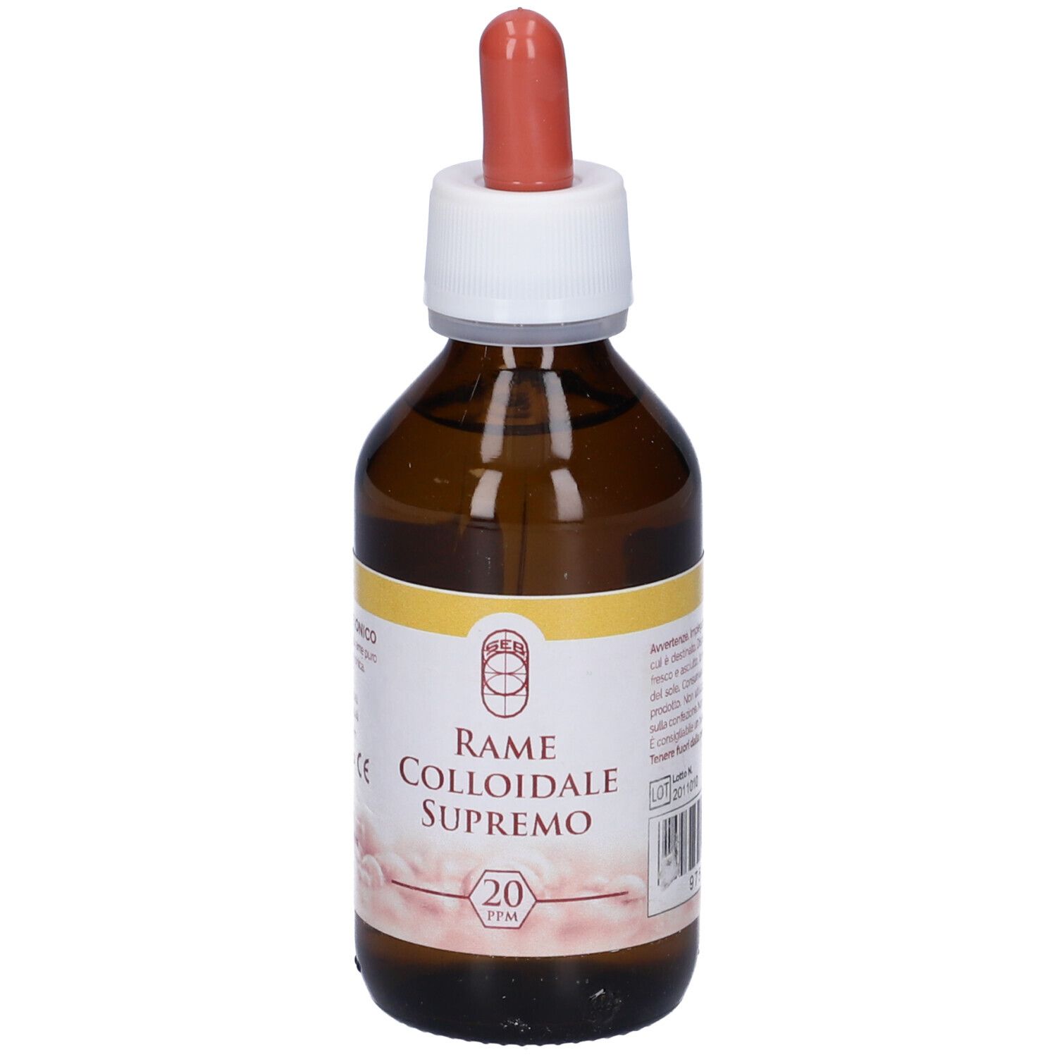 Flacone di vetro marrone con contagocce. Testo: Rame Colloidale Supremo 20Ppm.