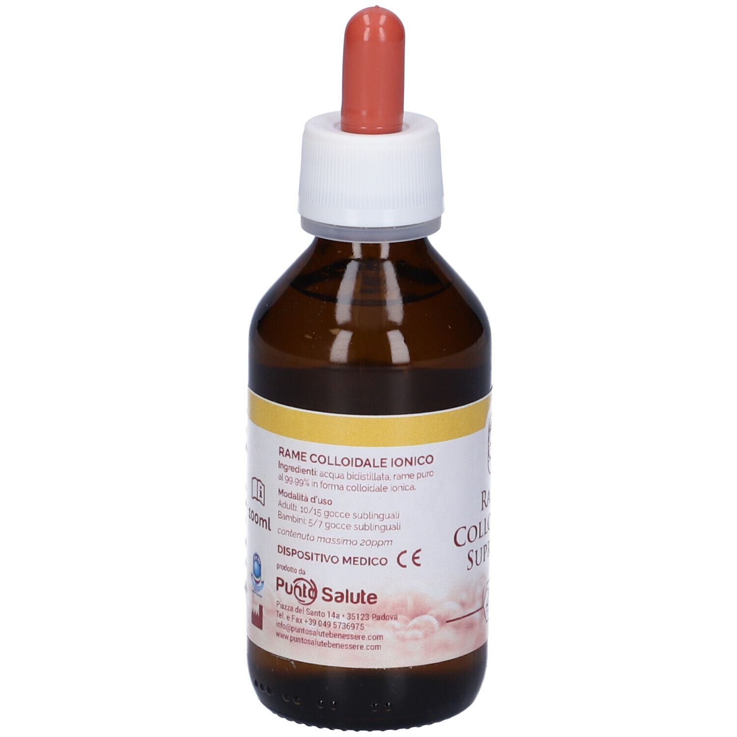 Flacone di vetro marrone con contagocce. Testo: Rame Colloidale Supremo 20Ppm.