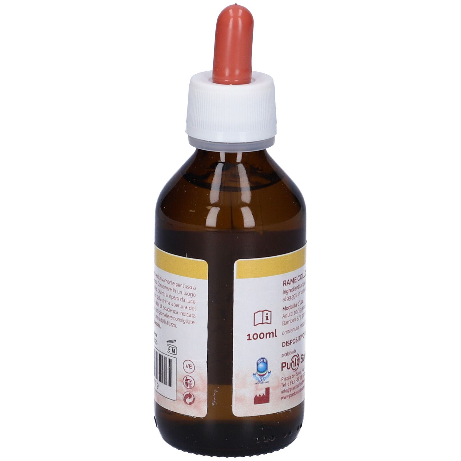 Flacone di vetro marrone con contagocce. Testo: Rame Colloidale Supremo 20Ppm.