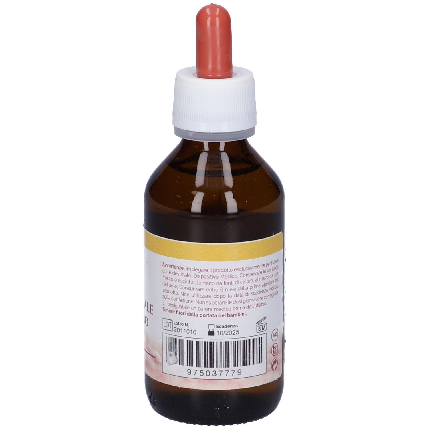 Flacone di vetro marrone con contagocce. Testo: Rame Colloidale Supremo 20Ppm.