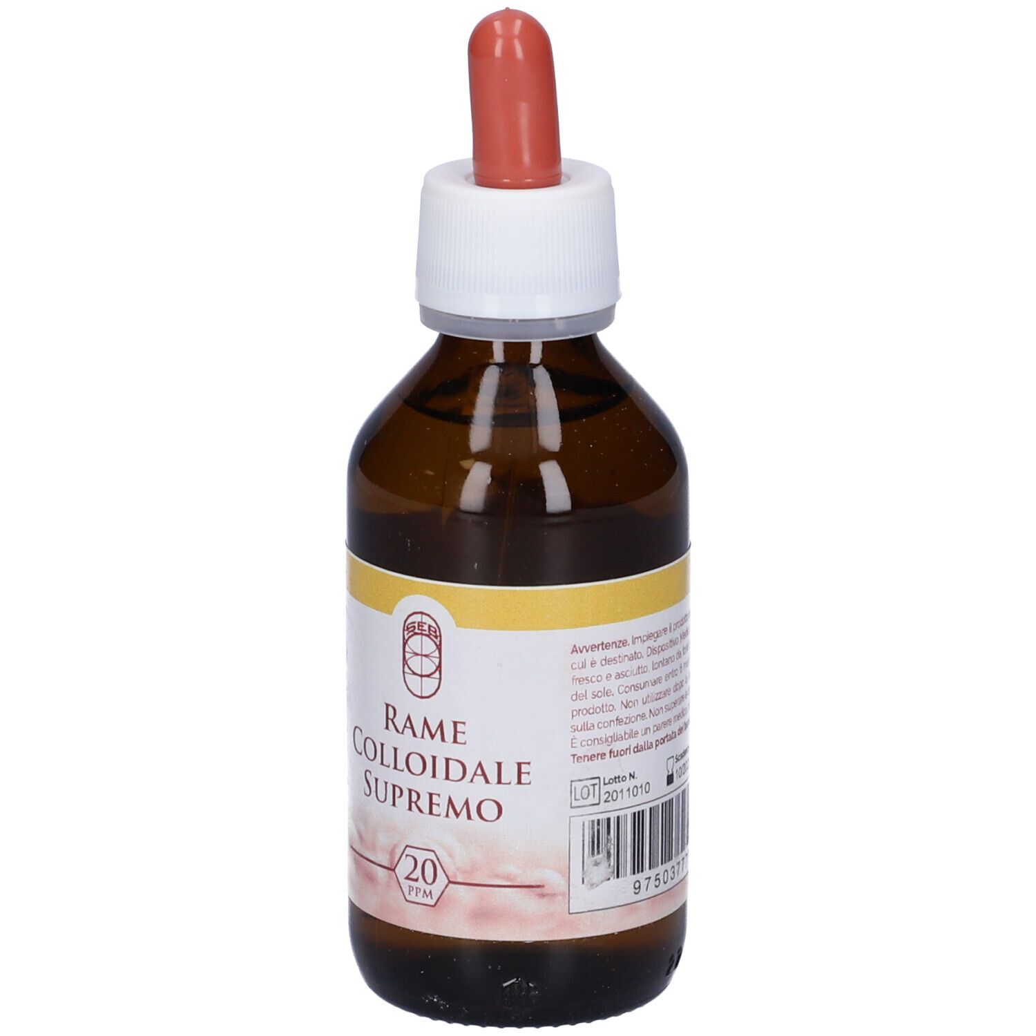 Flacone di vetro marrone con contagocce. Testo: Rame Colloidale Supremo 20Ppm.