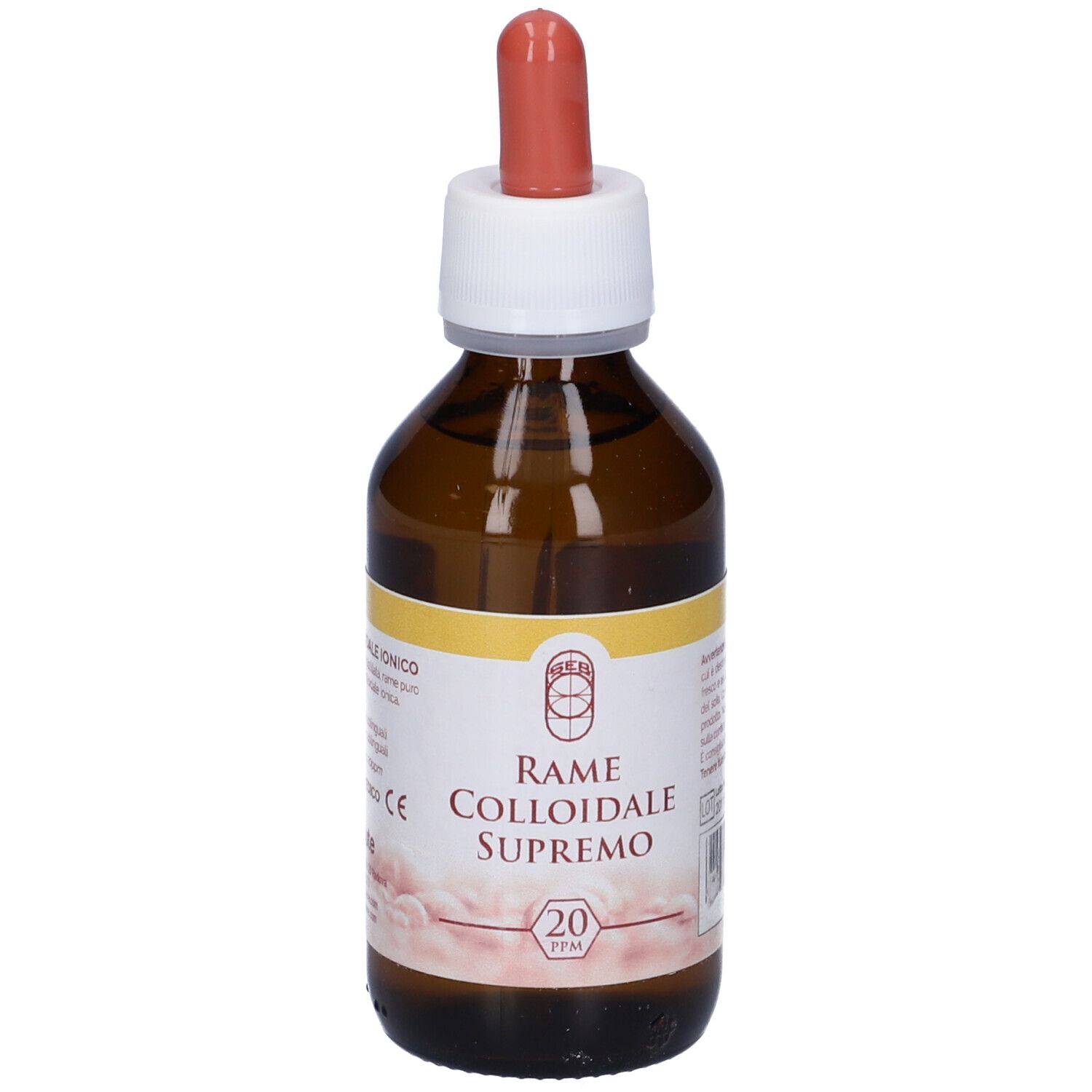 Flacone di vetro marrone con contagocce. Testo: Rame Colloidale Supremo 20Ppm.
