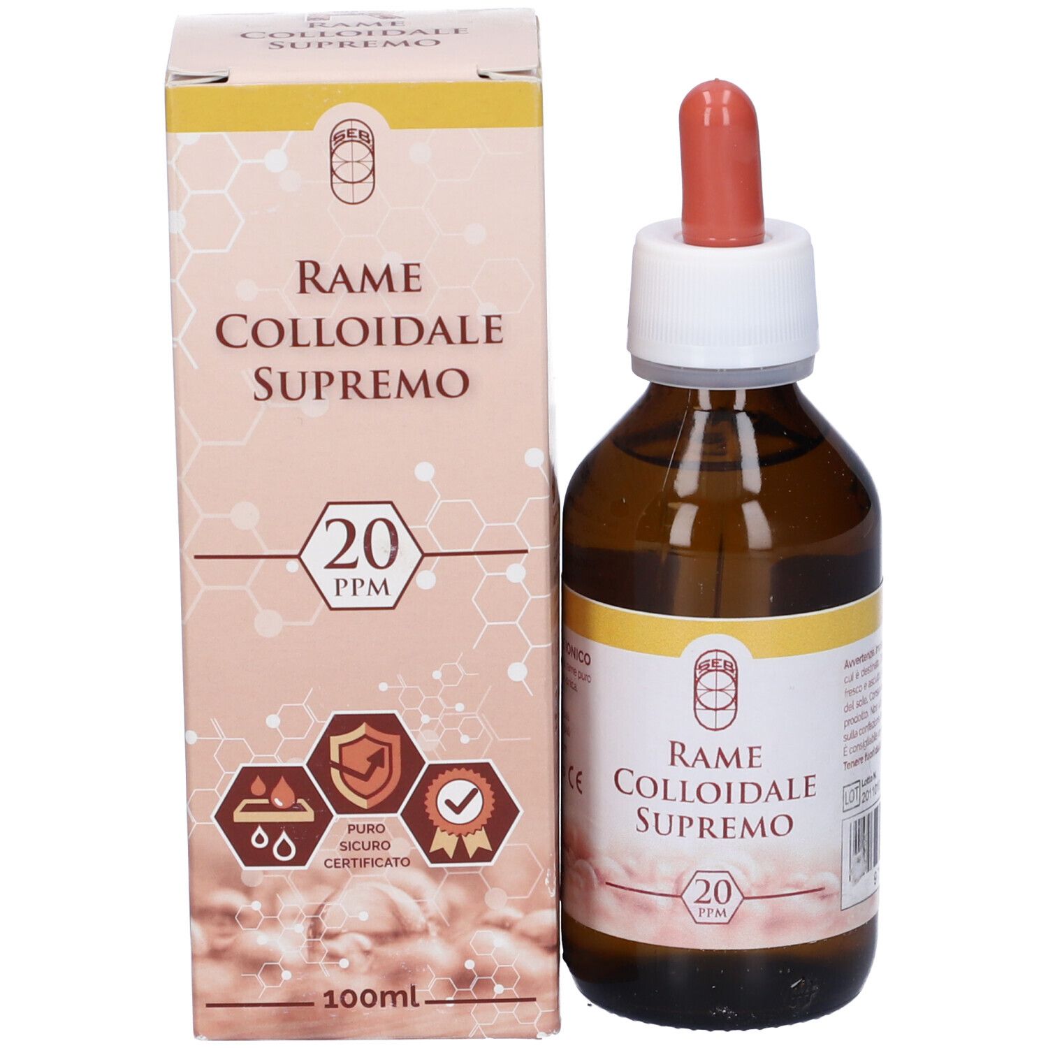 Flacone e confezione del prodotto. Testo: Rame Colloidale Supremo 20Ppm.