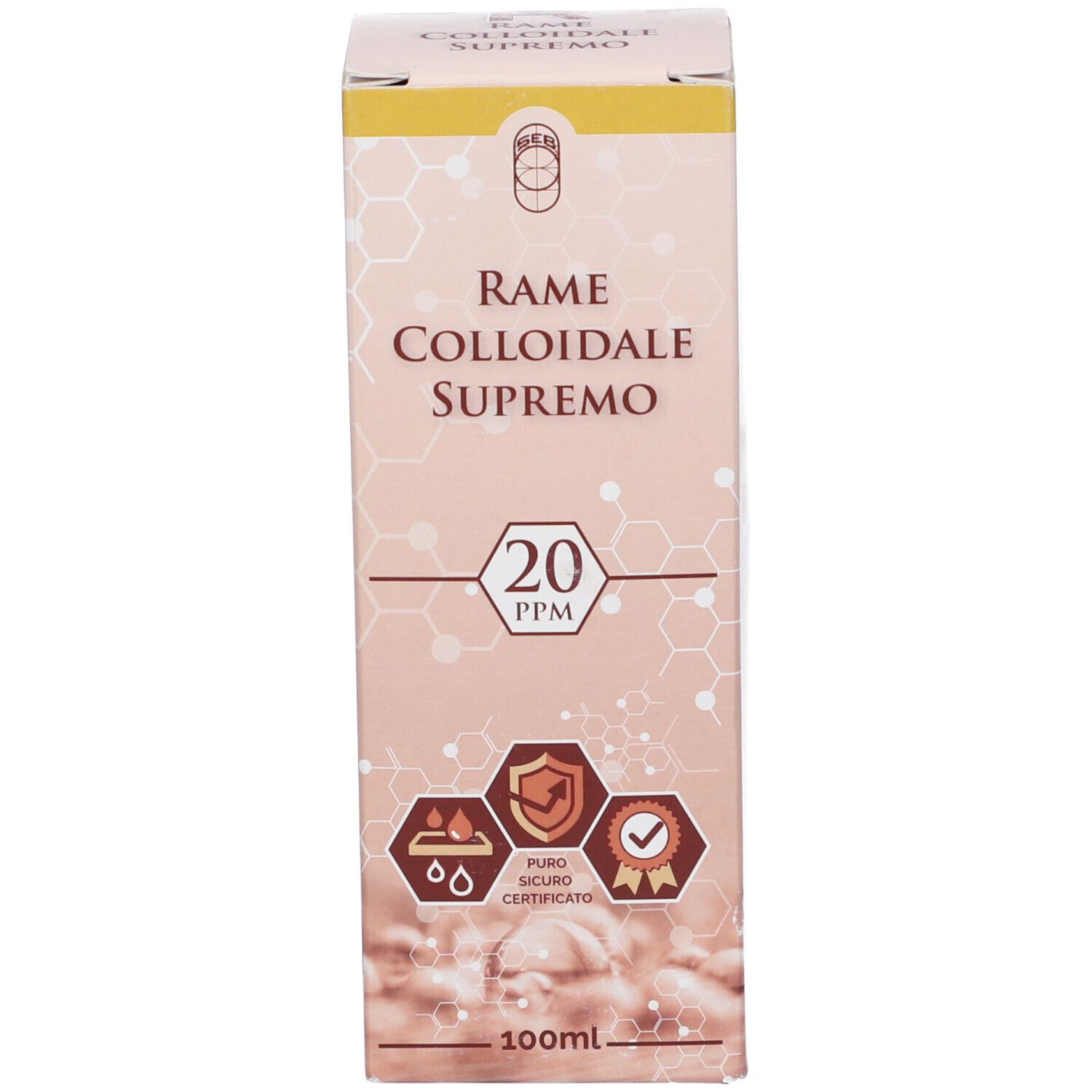 Confezione del prodotto. Testo: Rame Colloidale Supremo 20Ppm.