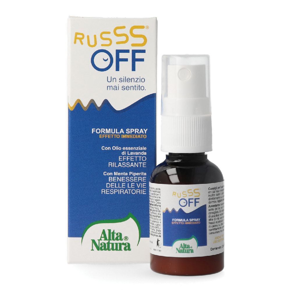 Flacone spray marrone con erogatore bianco e scatola. "RUSS OFF" sul flacone. "Alta Natura" sulla scatola.