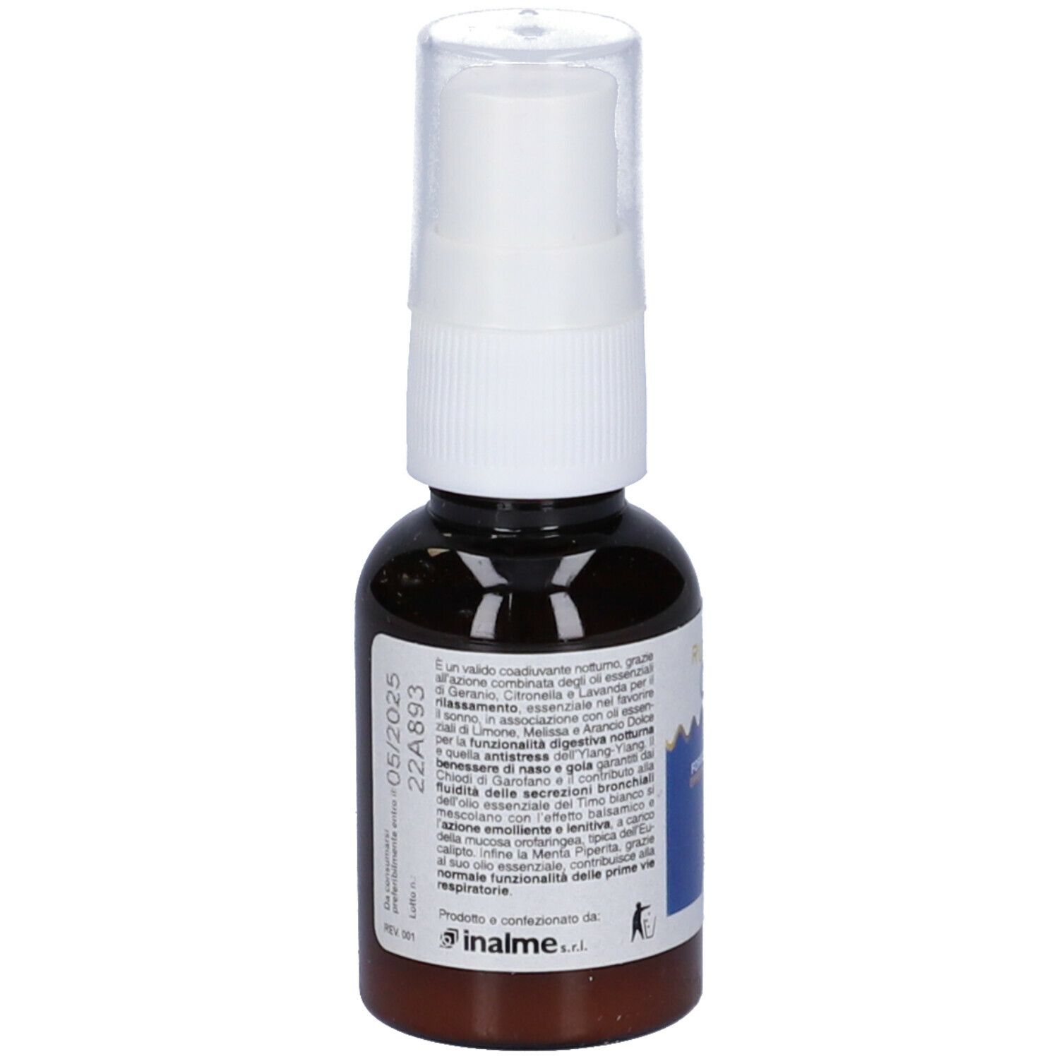 Flacone spray marrone con erogatore bianco. Informazioni testuali e data di scadenza sul flacone.