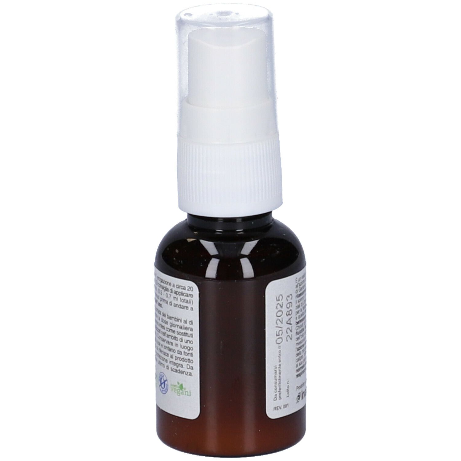 Flacone spray marrone con erogatore bianco. Informazioni testuali e data di scadenza sul flacone.