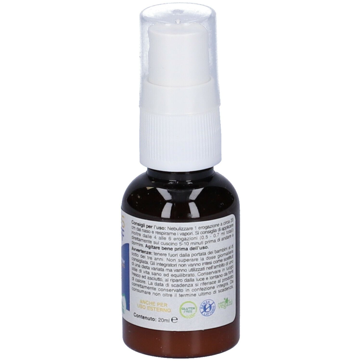Flacone spray marrone con erogatore bianco. Informazioni testuali e data di scadenza sul flacone.