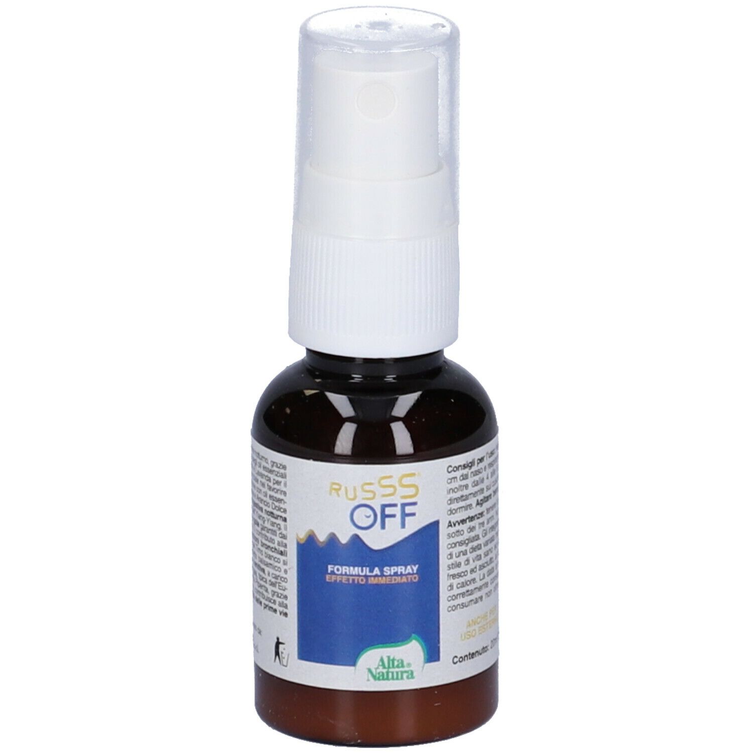 Flacone spray marrone con erogatore bianco. Informazioni testuali e data di scadenza sul flacone.