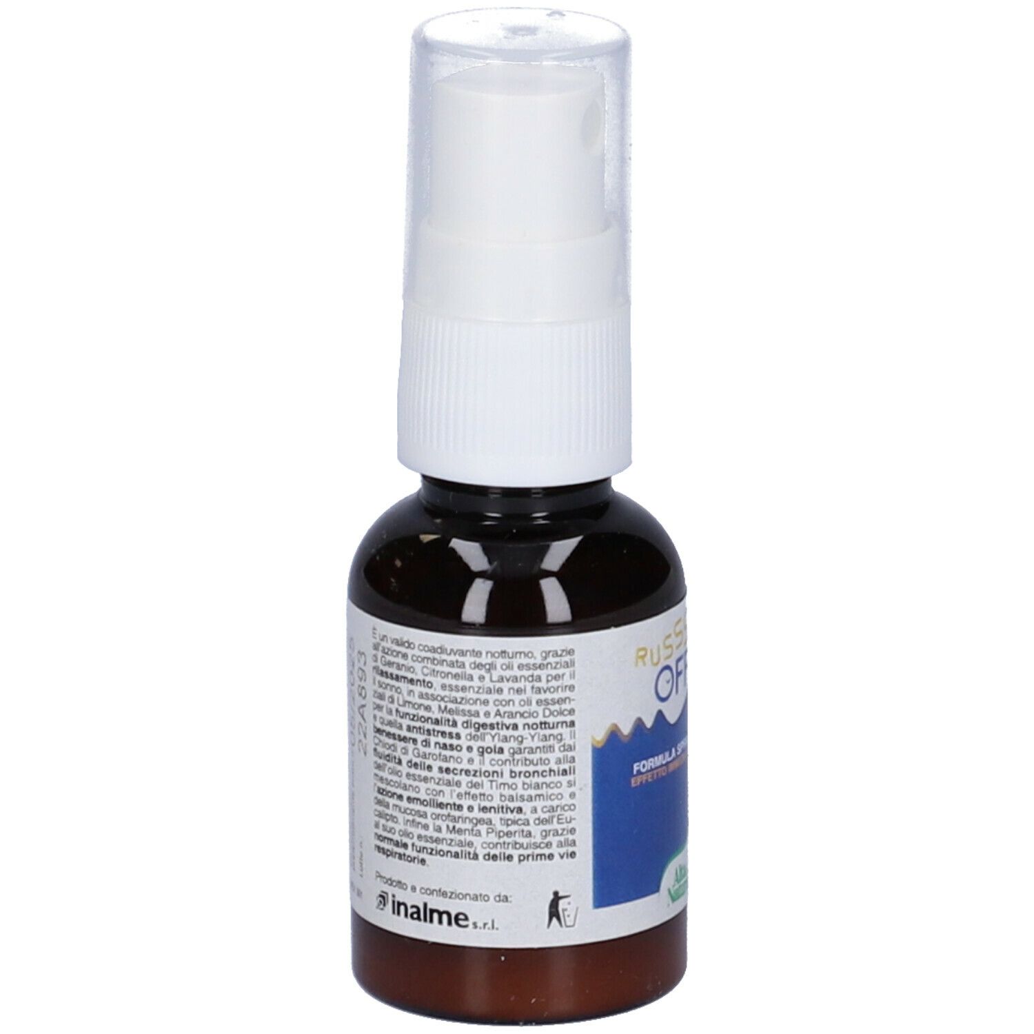 Flacone spray marrone con erogatore bianco. Informazioni testuali e data di scadenza sul flacone.