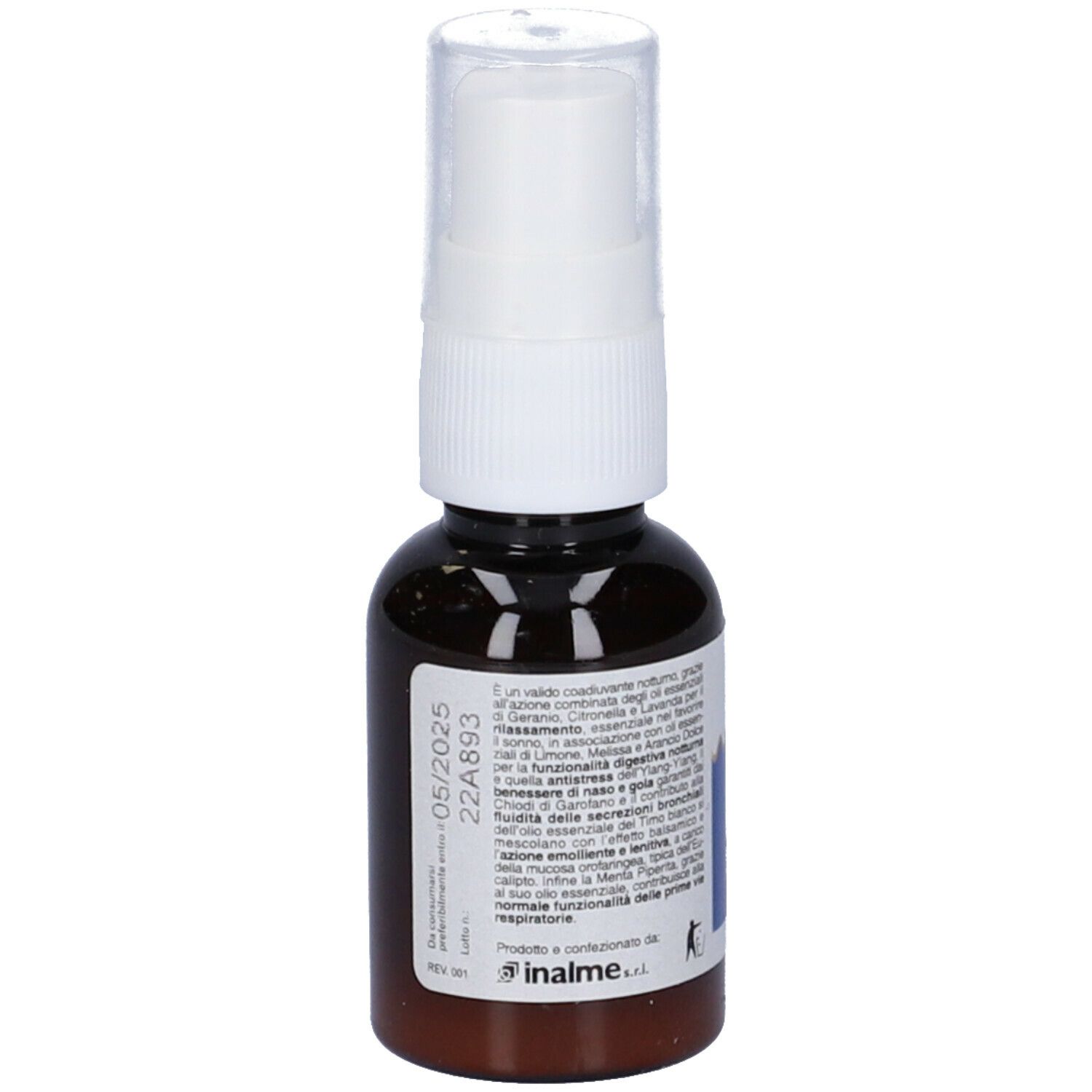 Flacone spray marrone con erogatore bianco. Informazioni testuali e data di scadenza sul flacone.
