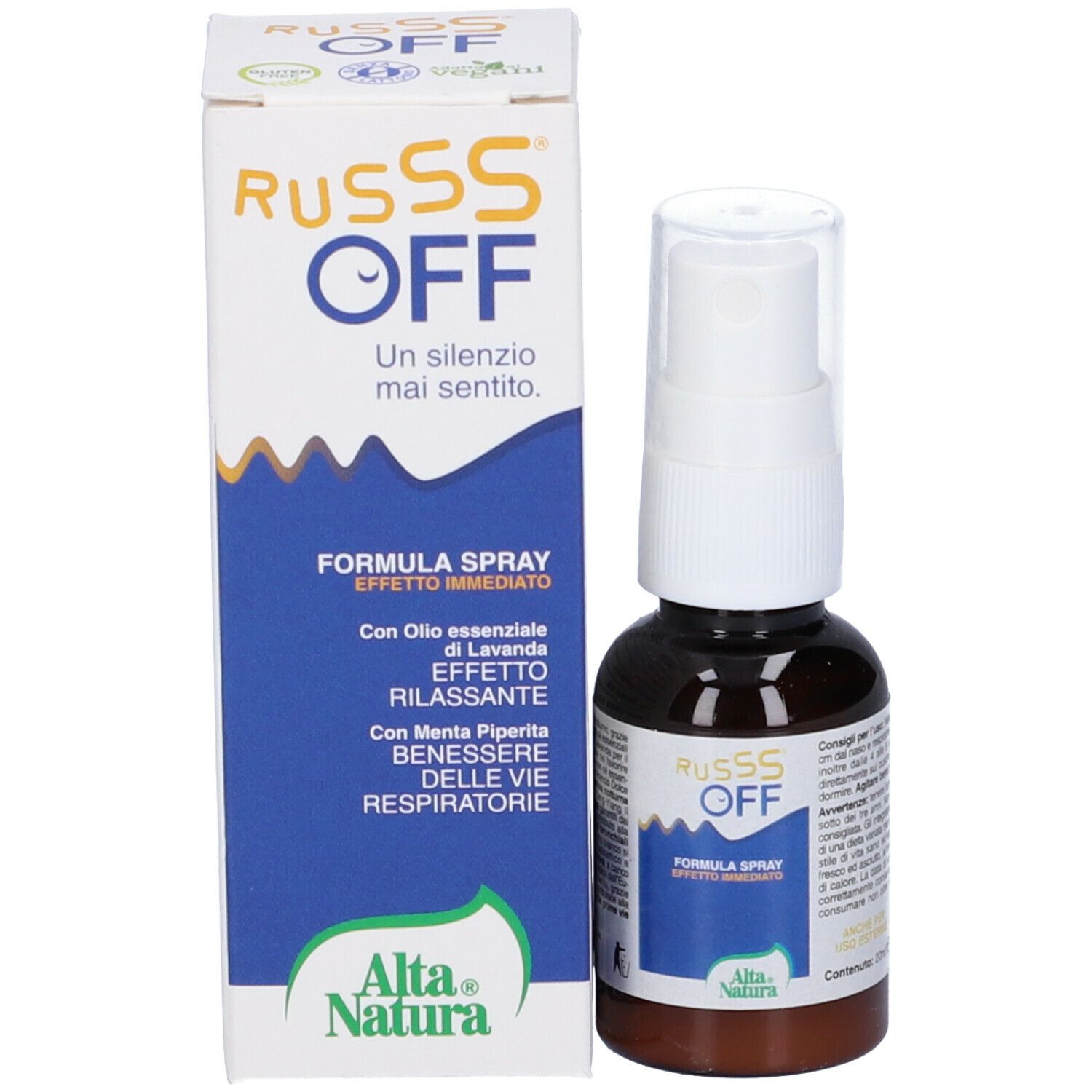 Flacone spray marrone con erogatore bianco. "RUSS OFF" e "Alta Natura" sul flacone.