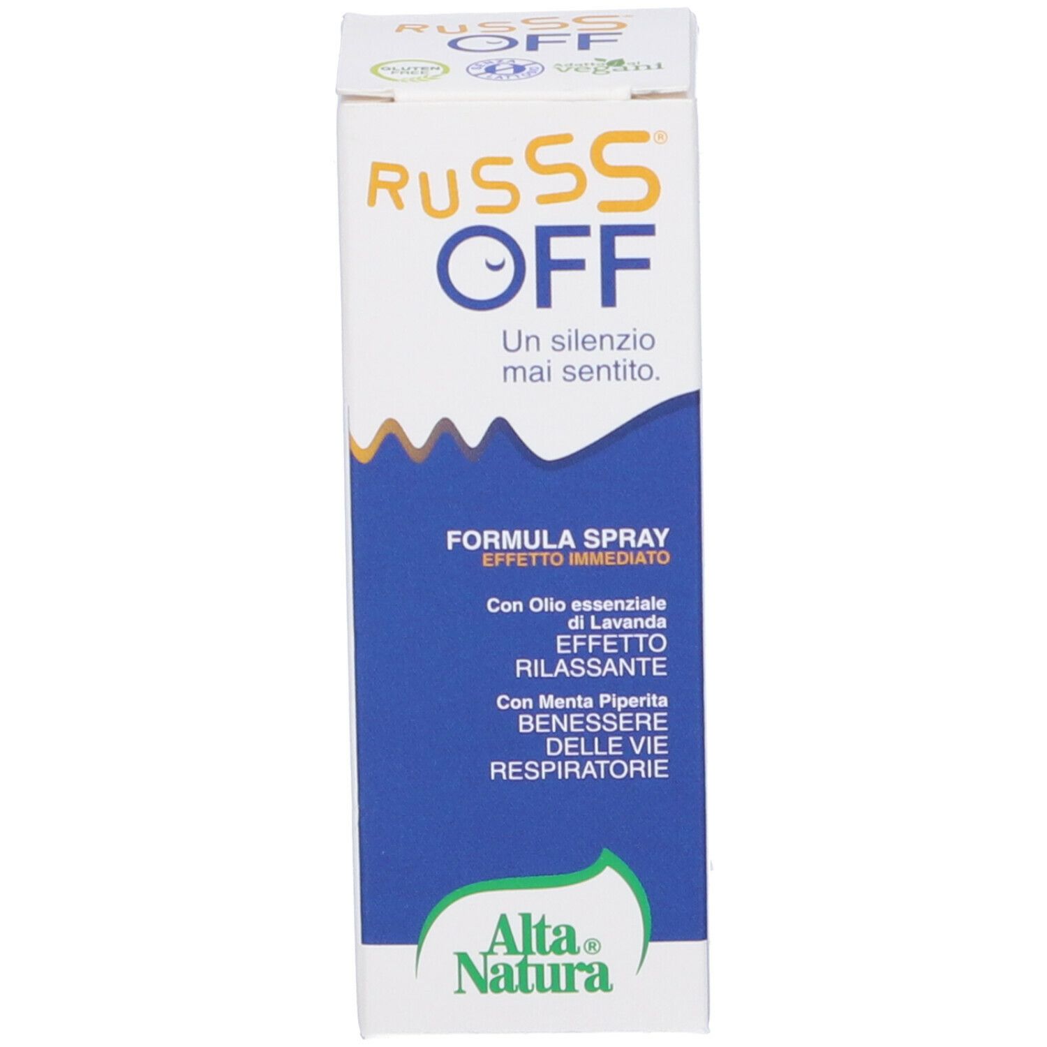 Scatola con "RUSS OFF" e logo "Alta Natura". Informazioni testuali e descrizione del prodotto sulla scatola.