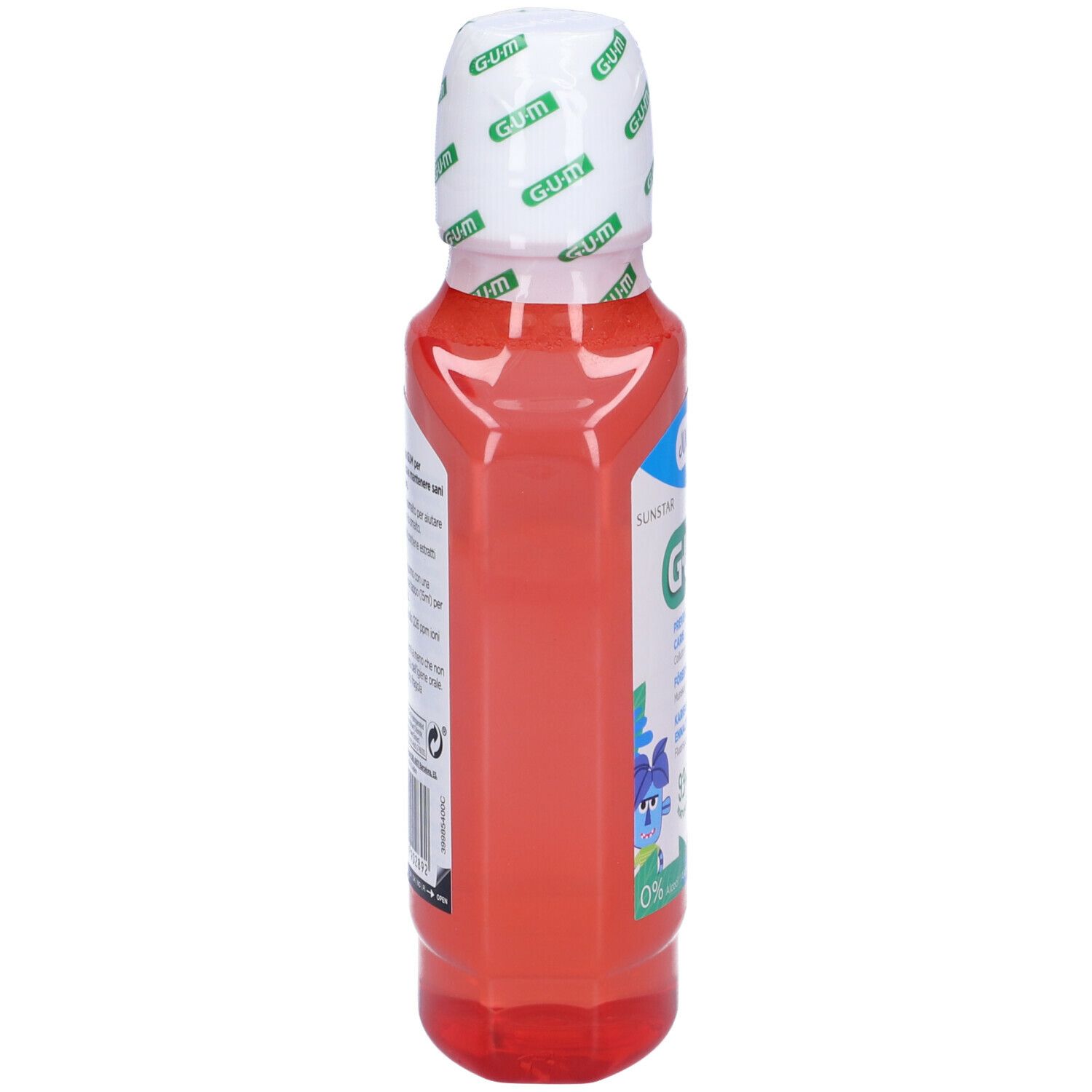 Liquido rosso in bottiglia. Retro con testo. Tappo bianco con logo GUM.