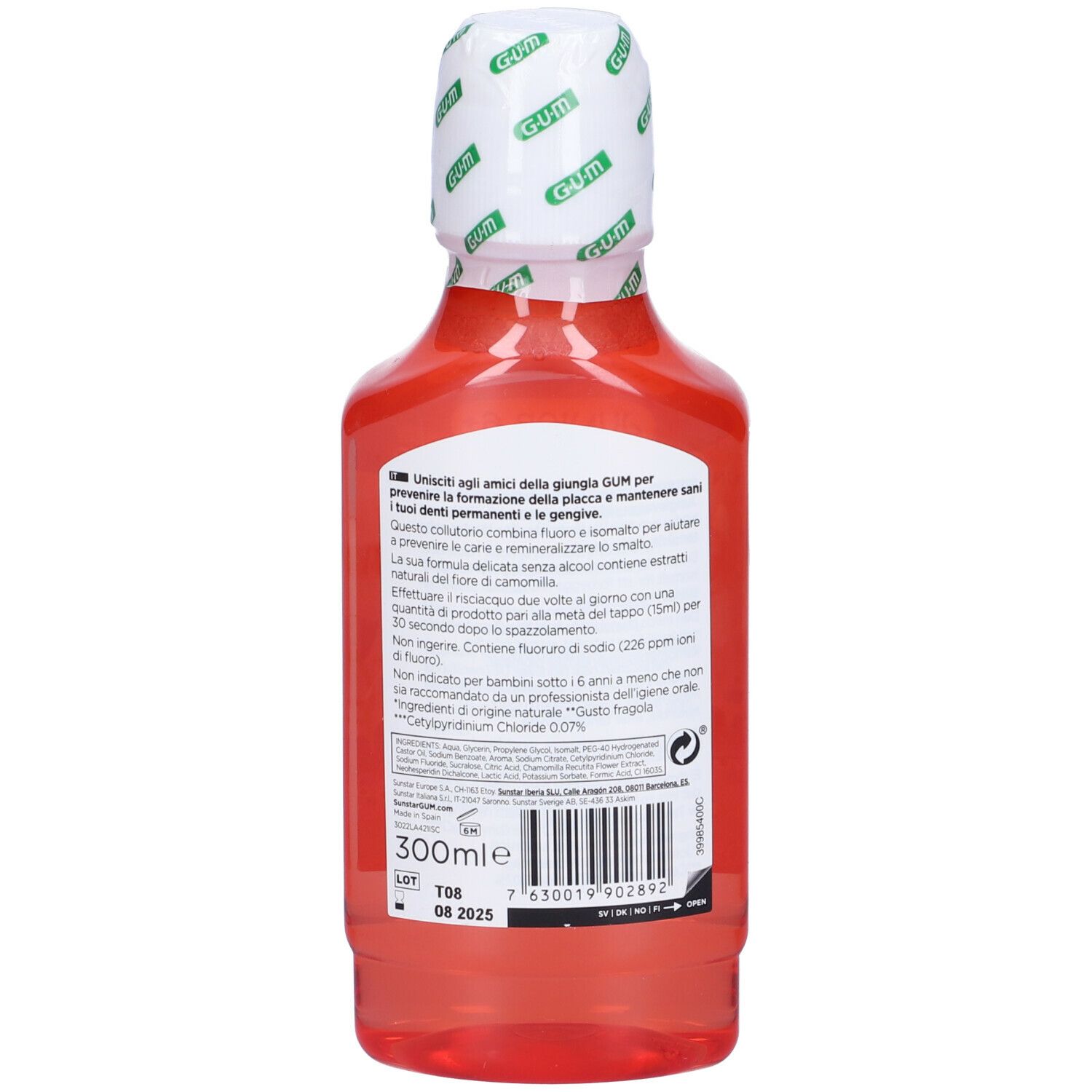 Liquido rosso in bottiglia. Retro con testo. Tappo bianco con logo GUM. 300ml.