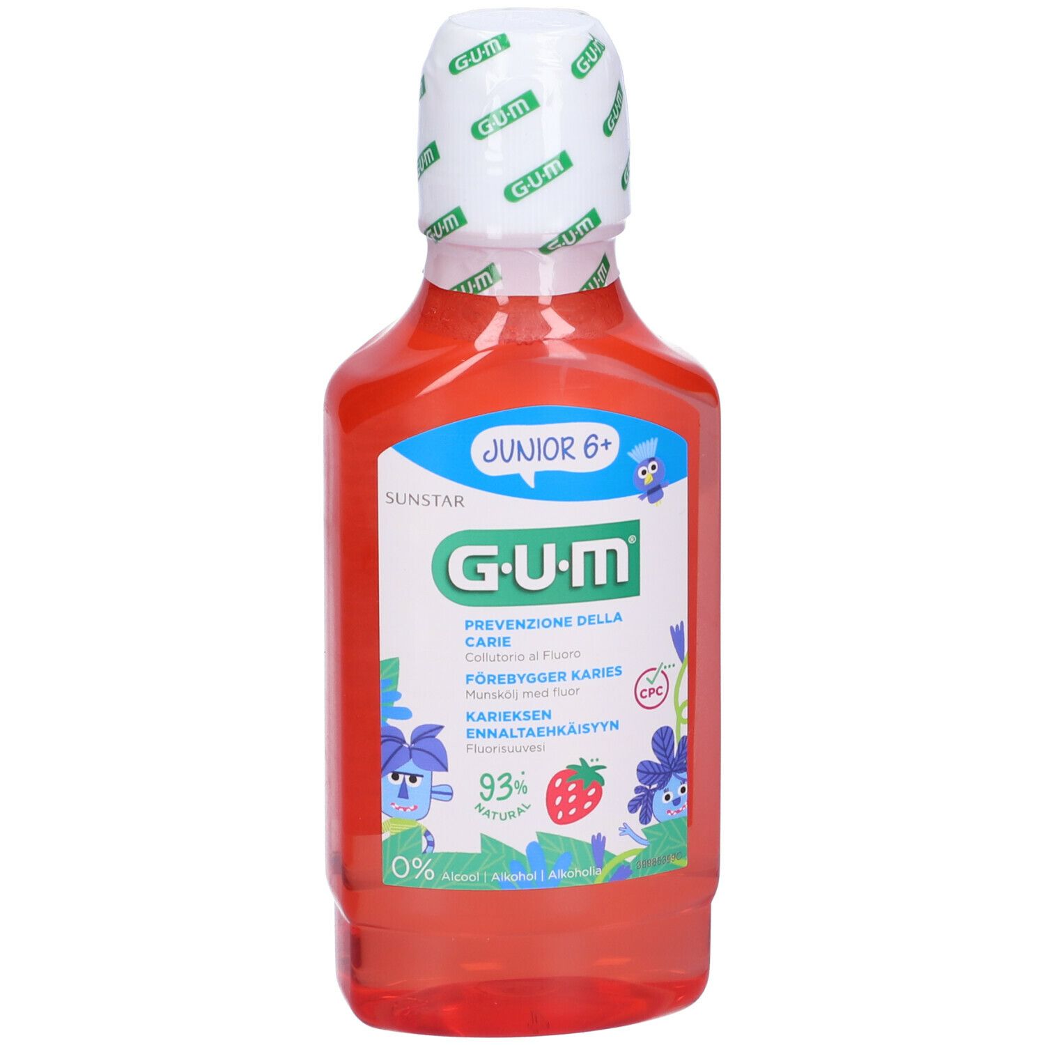 Liquido rosso in bottiglia con tappo bianco. Scritta: GUM JUNIOR 6+.