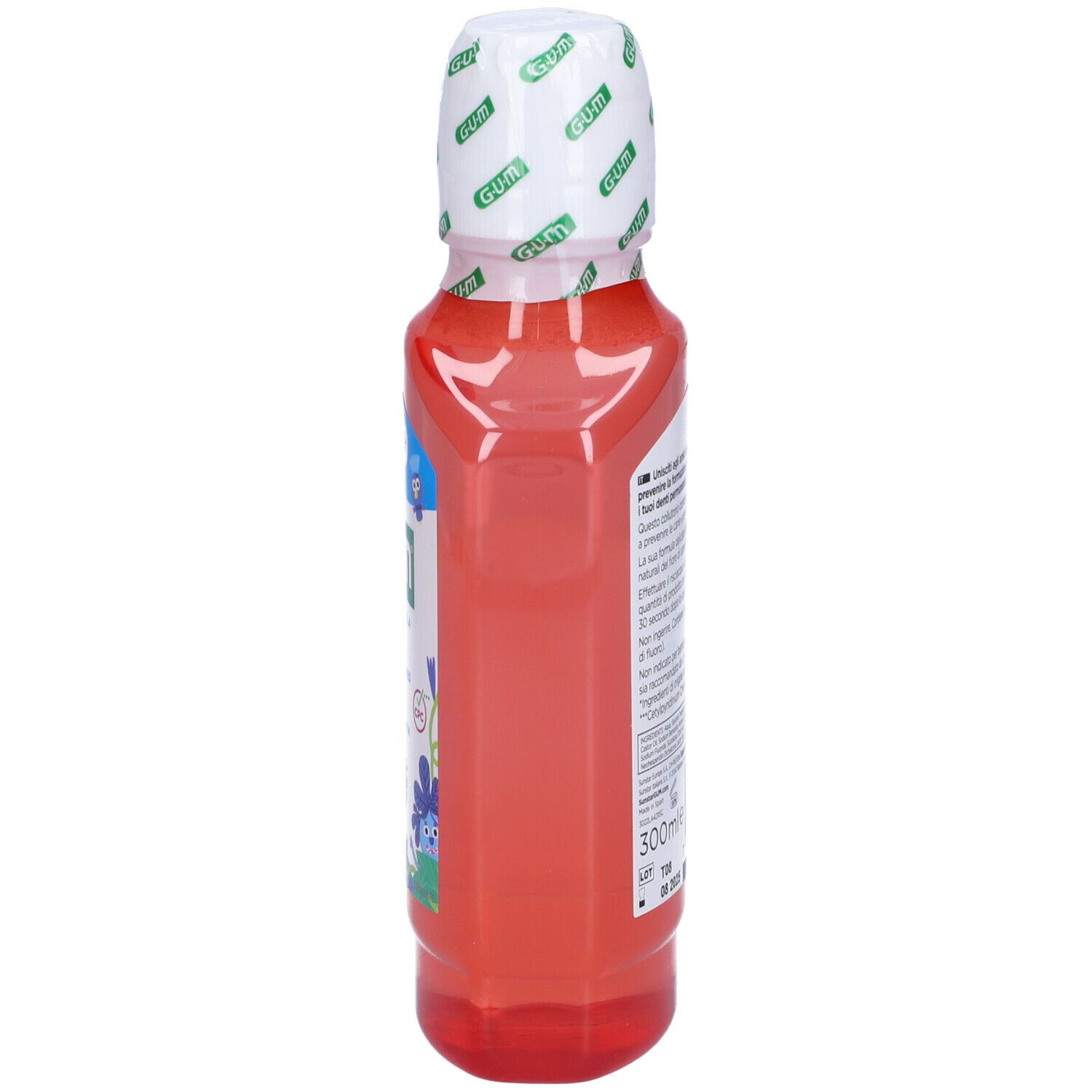 Liquido rosso in bottiglia. Lato con testo. Tappo bianco con logo GUM. 300ml.