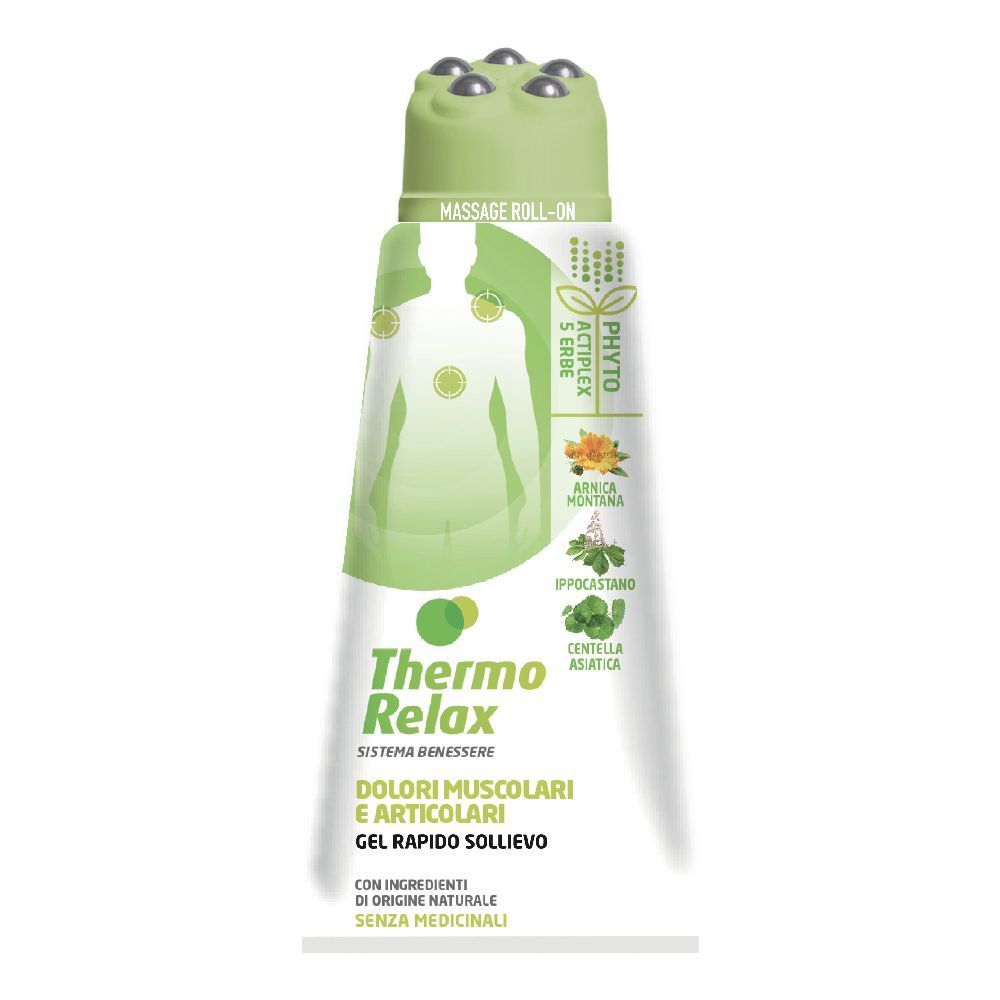 Tubo di gel con applicatore roll-on per massaggio. Design verde e bianco. Testo: ThermoRelax, Dolori Muscolari e Articolari.