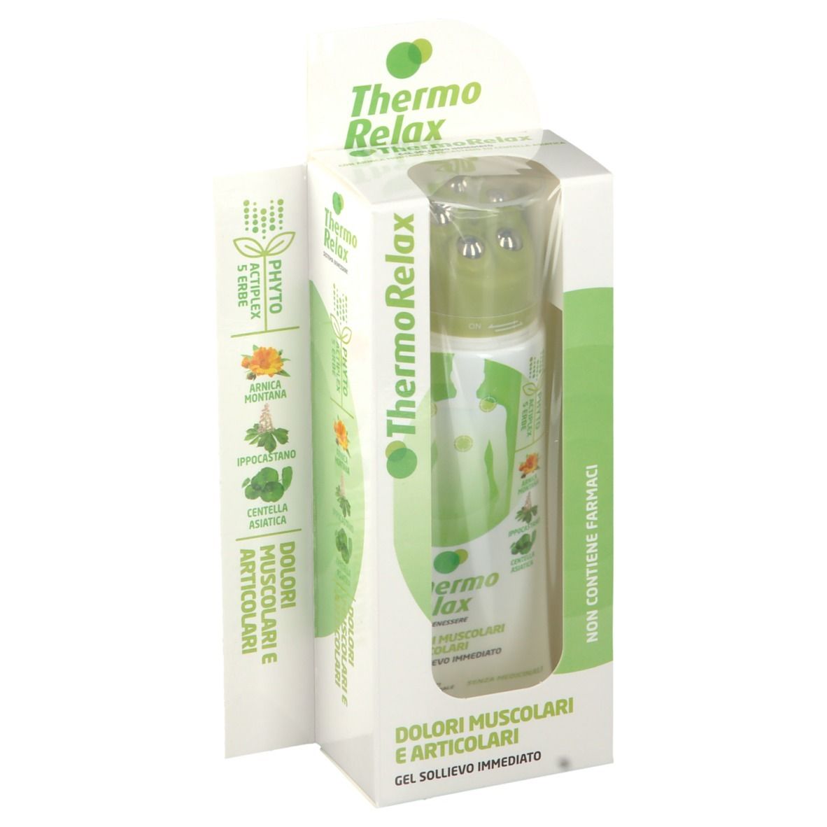 Prodotto in confezione. Tubo di gel con applicatore roll-on. Confezione con nome del prodotto e ingredienti.