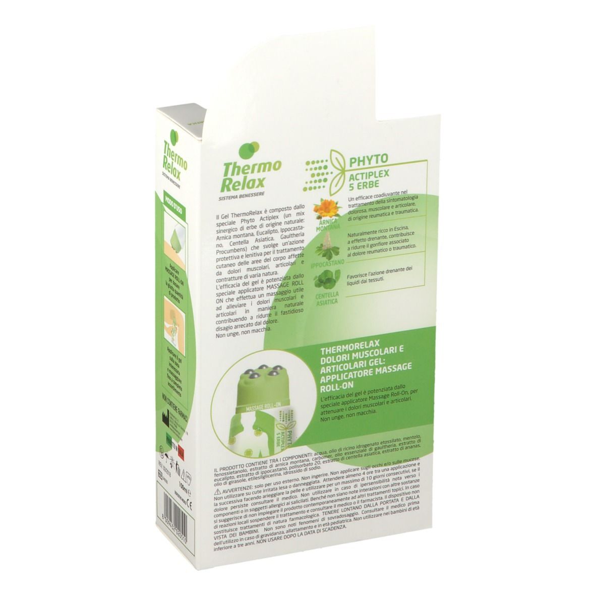Confezione con informazioni sul prodotto e ingredienti. Testo: ThermoRelax, Dolori Muscolari e Articolari, Roll-On.