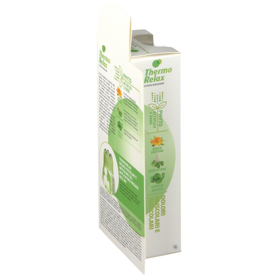 Vista laterale della confezione. Nome del prodotto e ingredienti. Testo: ThermoRelax, Dolori Muscolari e Articolari.