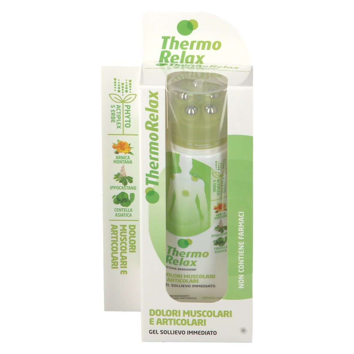 Prodotto in confezione. Tubo di gel con applicatore roll-on. Confezione con nome del prodotto e ingredienti.
