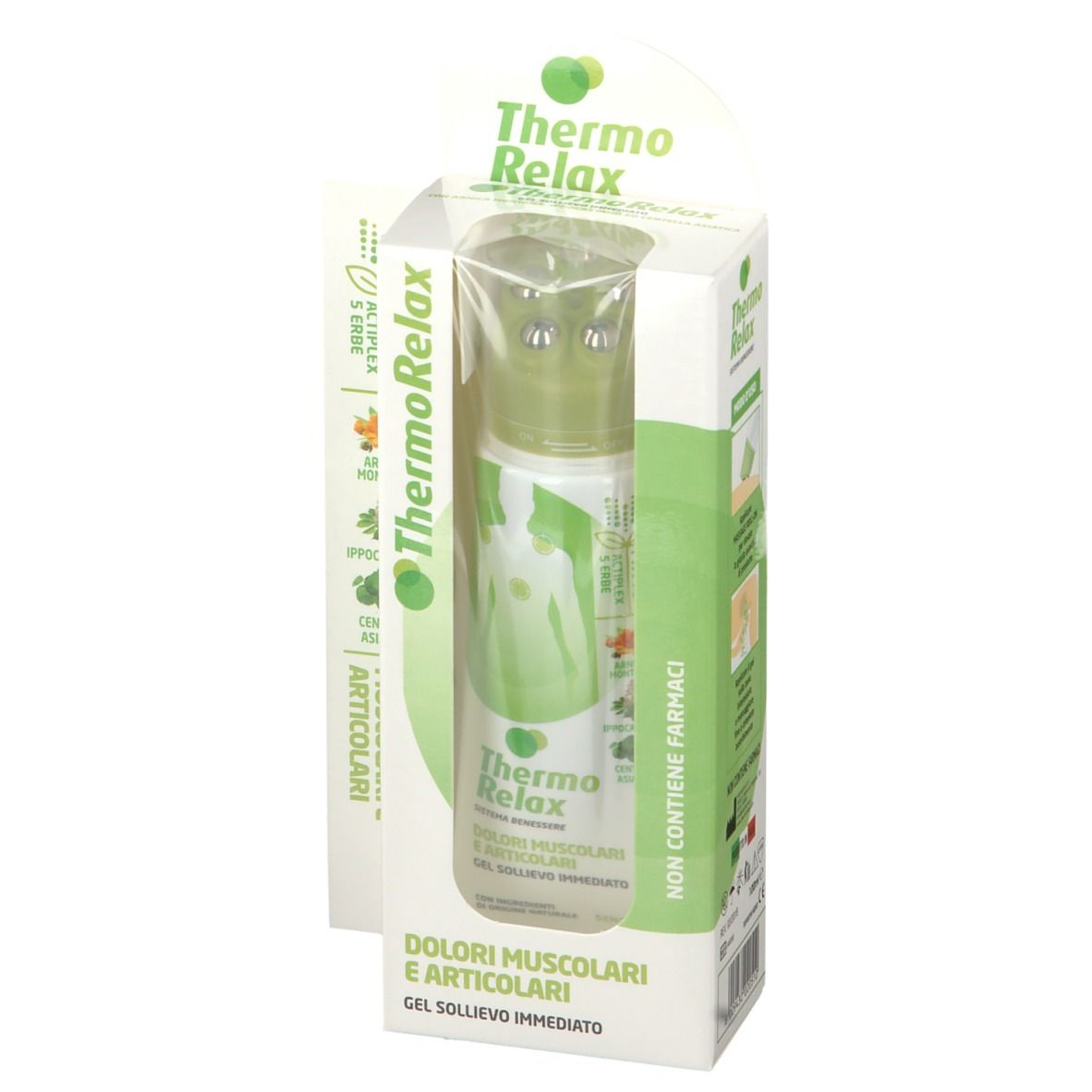 Prodotto in confezione. Tubo di gel con applicatore roll-on. Confezione con nome del prodotto e ingredienti.