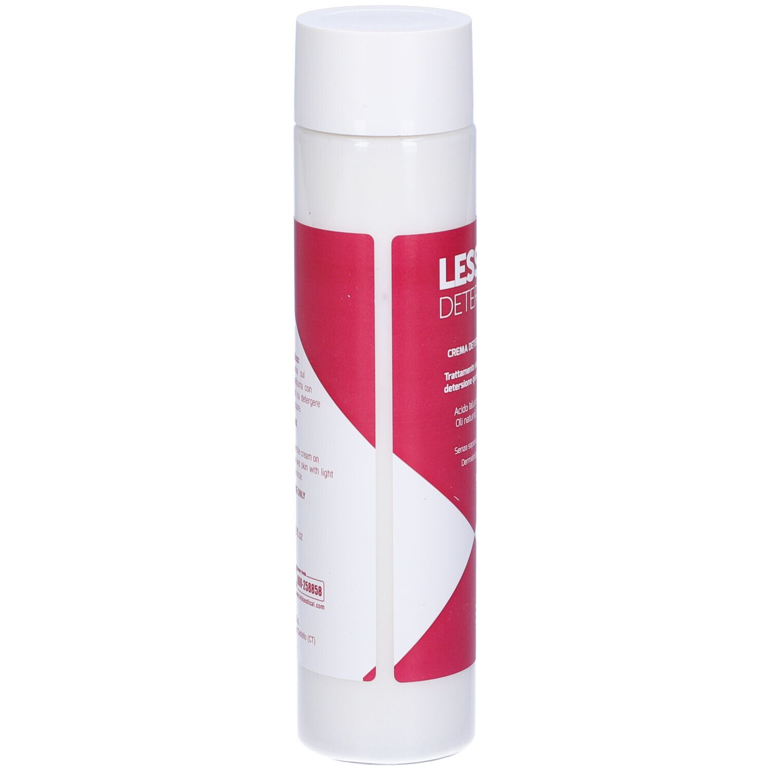 Flacone bianco Lessage Detergente con etichetta rossa. Retro con testo. Nome del prodotto e dettagli visibili.