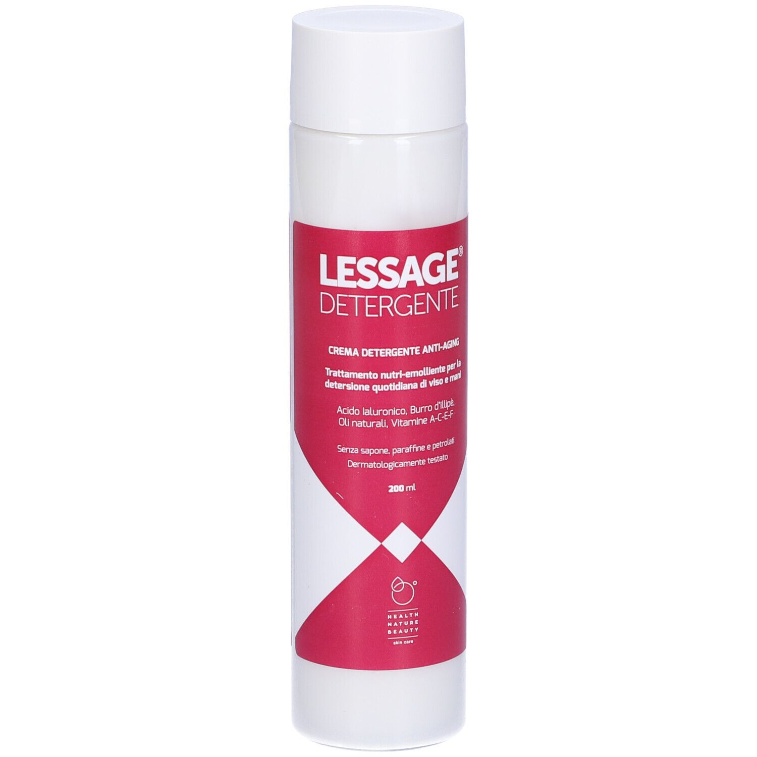 Flacone bianco Lessage Detergente con etichetta rossa. Nome del prodotto e dettagli ben visibili.