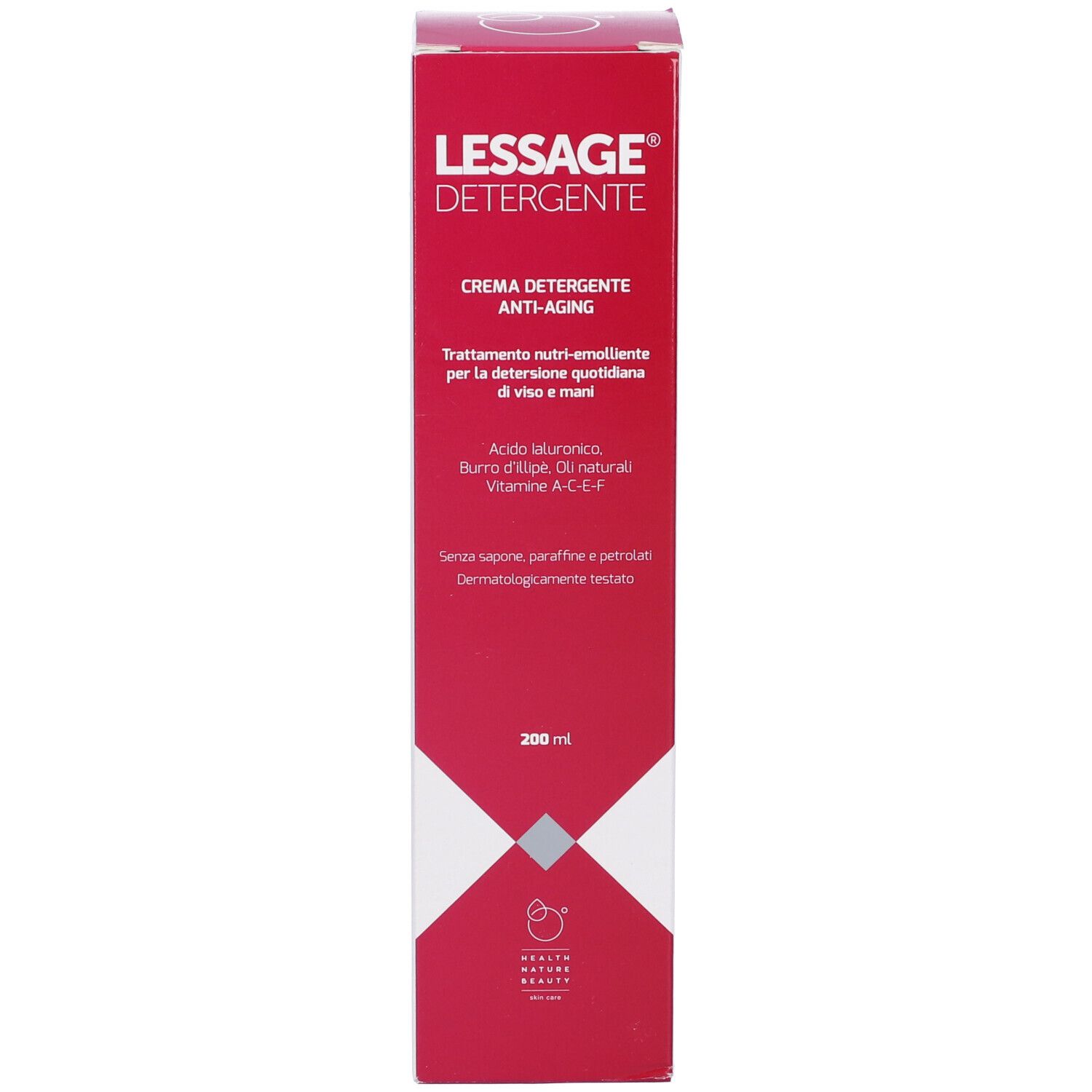 Confezione di Lessage Detergente. Scatola rossa con informazioni. Nome del prodotto e dettagli visibili.